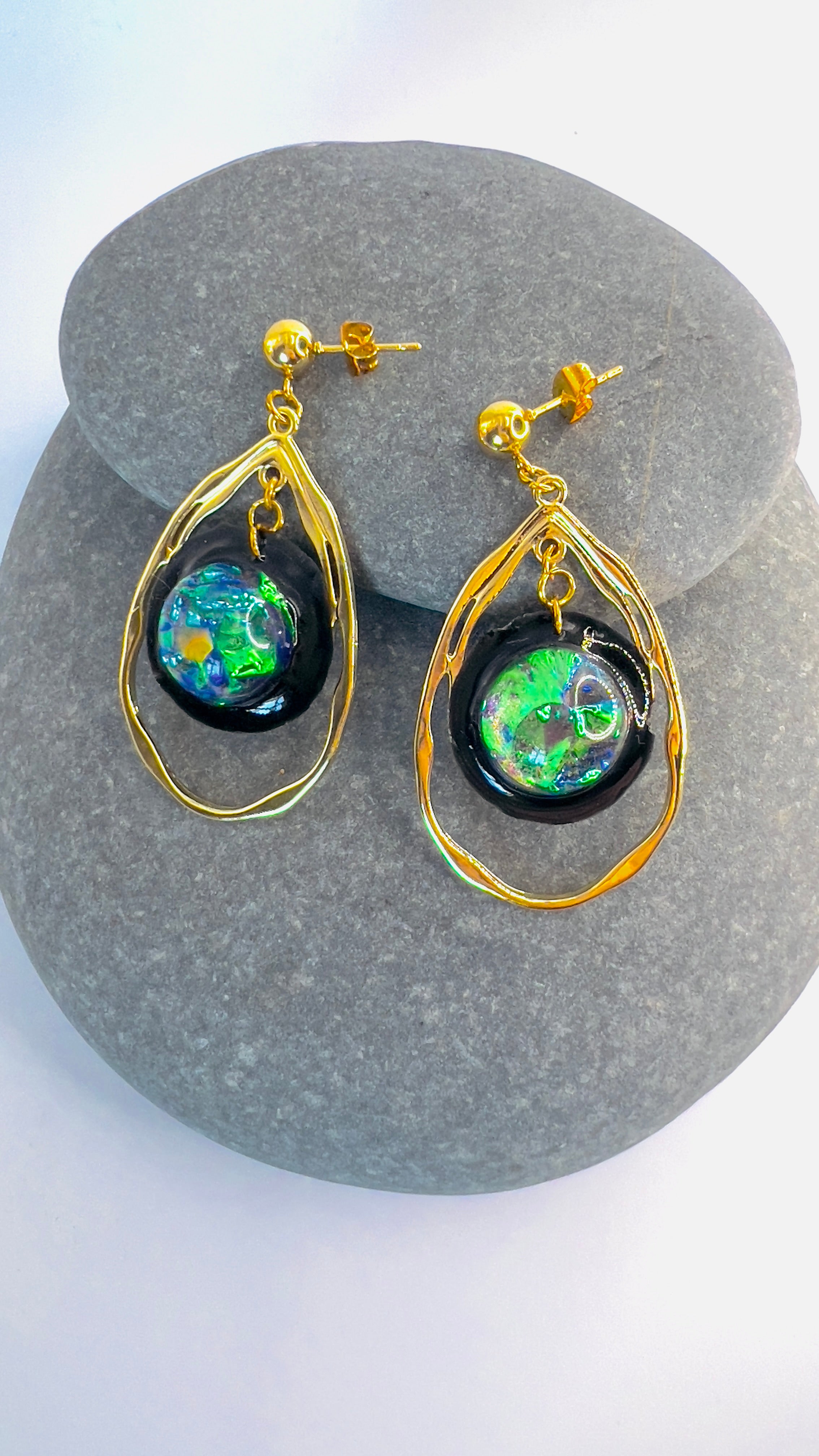 Galaxy Opal Earrings: Gold Teardrop Dangle, Handmade Resin Celestial Jewelry
