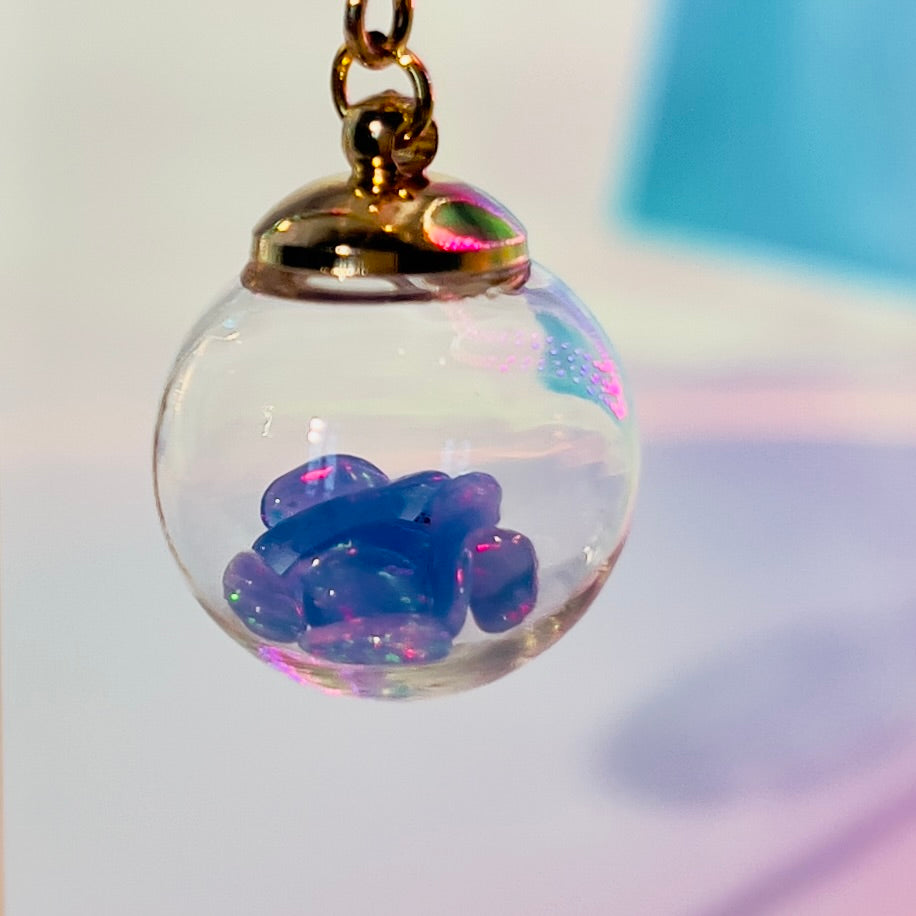 Welo Opal Glass Sphere Earrings: Gold Dangle Handmade Jewelry, Blue Opals, colour change