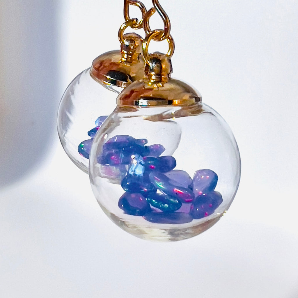 Welo Opal Glass Sphere Earrings: Gold Dangle Handmade Jewelry, Blue Opals, colour change