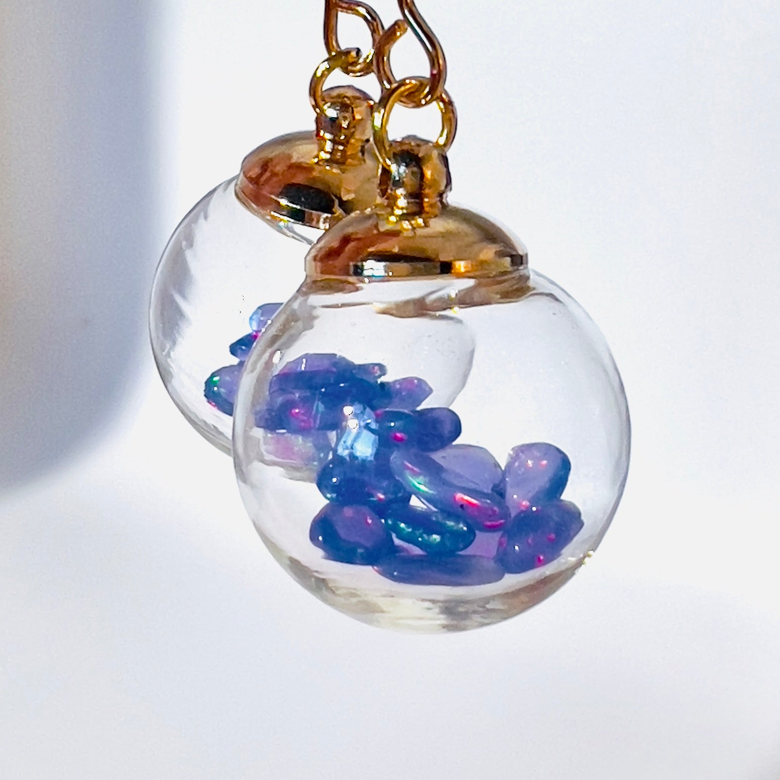 Welo Opal Glass Sphere Earrings: Gold Dangle Handmade Jewelry, Blue Opals, colour change
