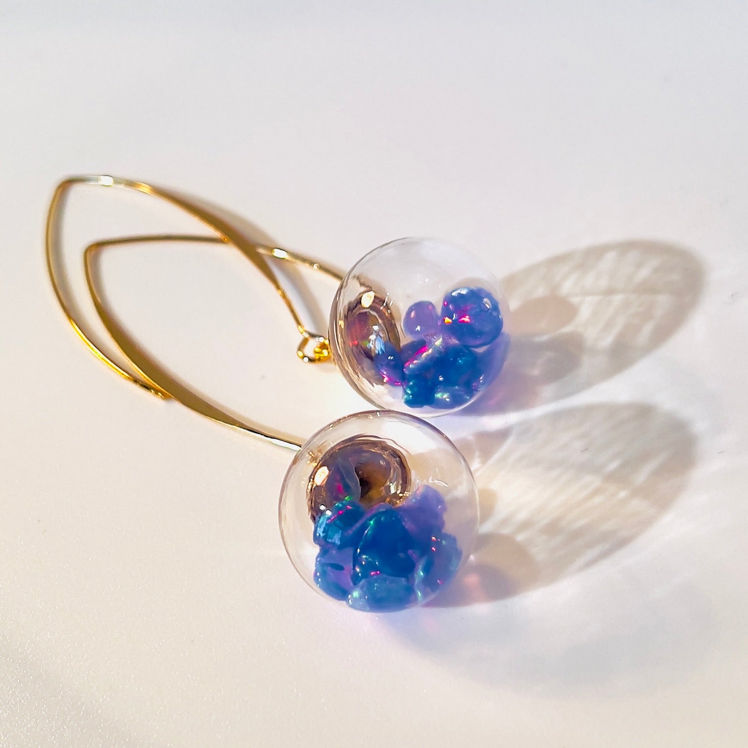 Welo Opal Glass Sphere Earrings: Gold Dangle Handmade Jewelry, Blue Opals, colour change