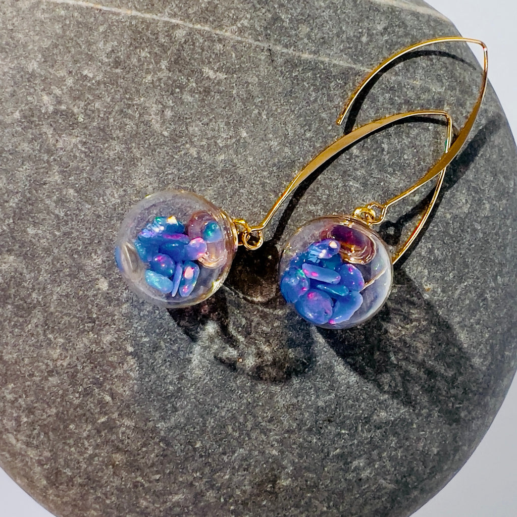 Welo Opal Glass Sphere Earrings: Gold Dangle Handmade Jewelry, Blue Opals, colour change