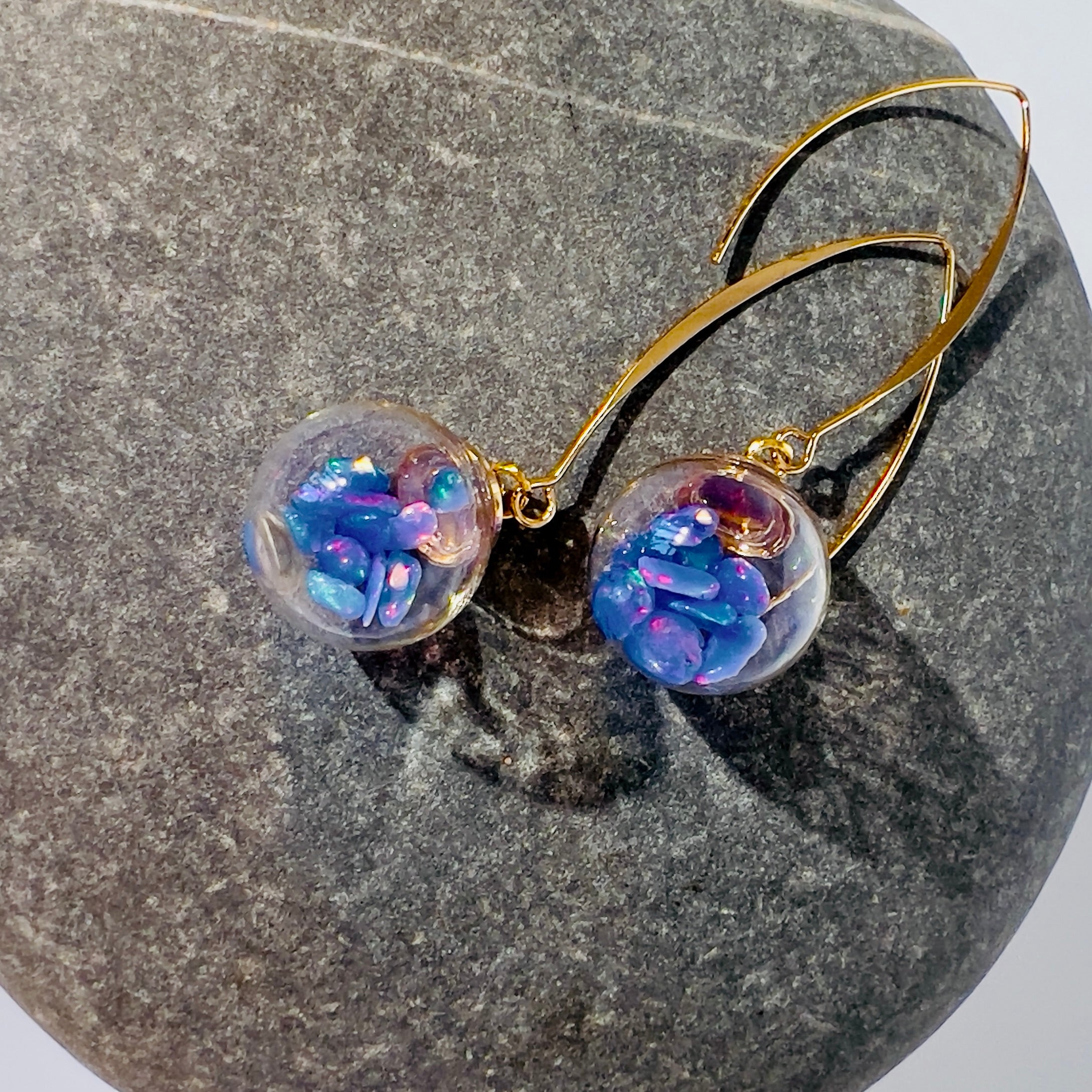 Welo Opal Glass Sphere Earrings: Gold Dangle Handmade Jewelry, Blue Opals, colour change