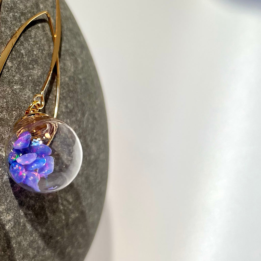 Welo Opal Glass Sphere Earrings: Gold Dangle Handmade Jewelry, Blue Opals, colour change