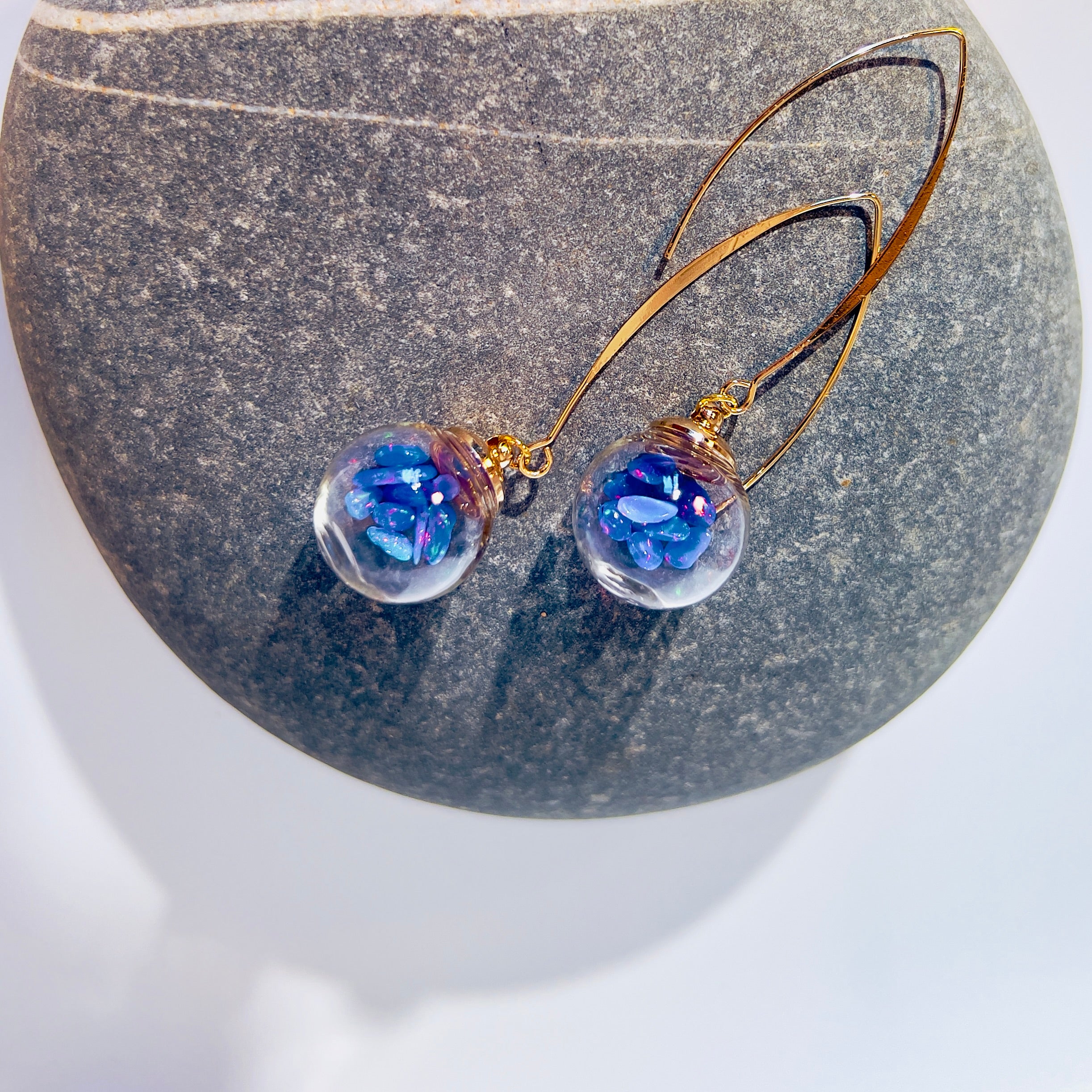Welo Opal Glass Sphere Earrings: Gold Dangle Handmade Jewelry, Blue Opals, colour change