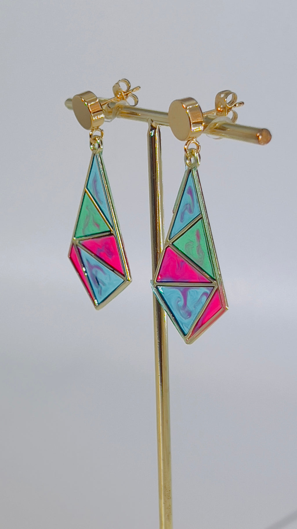 Resin Mosaic Dangle Earrings: Geometric Triangle, Gold Tone