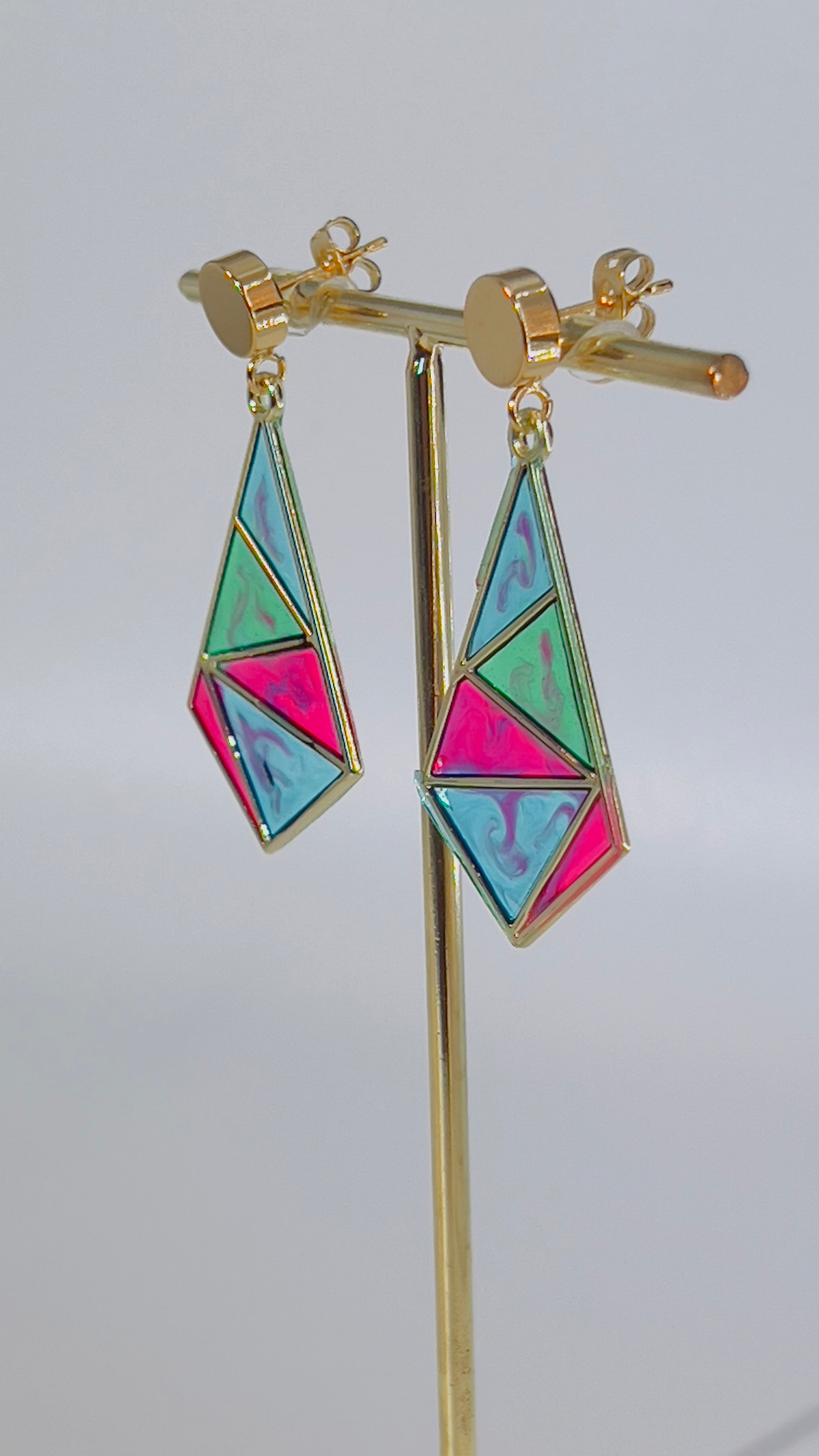 Resin Mosaic Dangle Earrings: Geometric Triangle, Gold Tone
