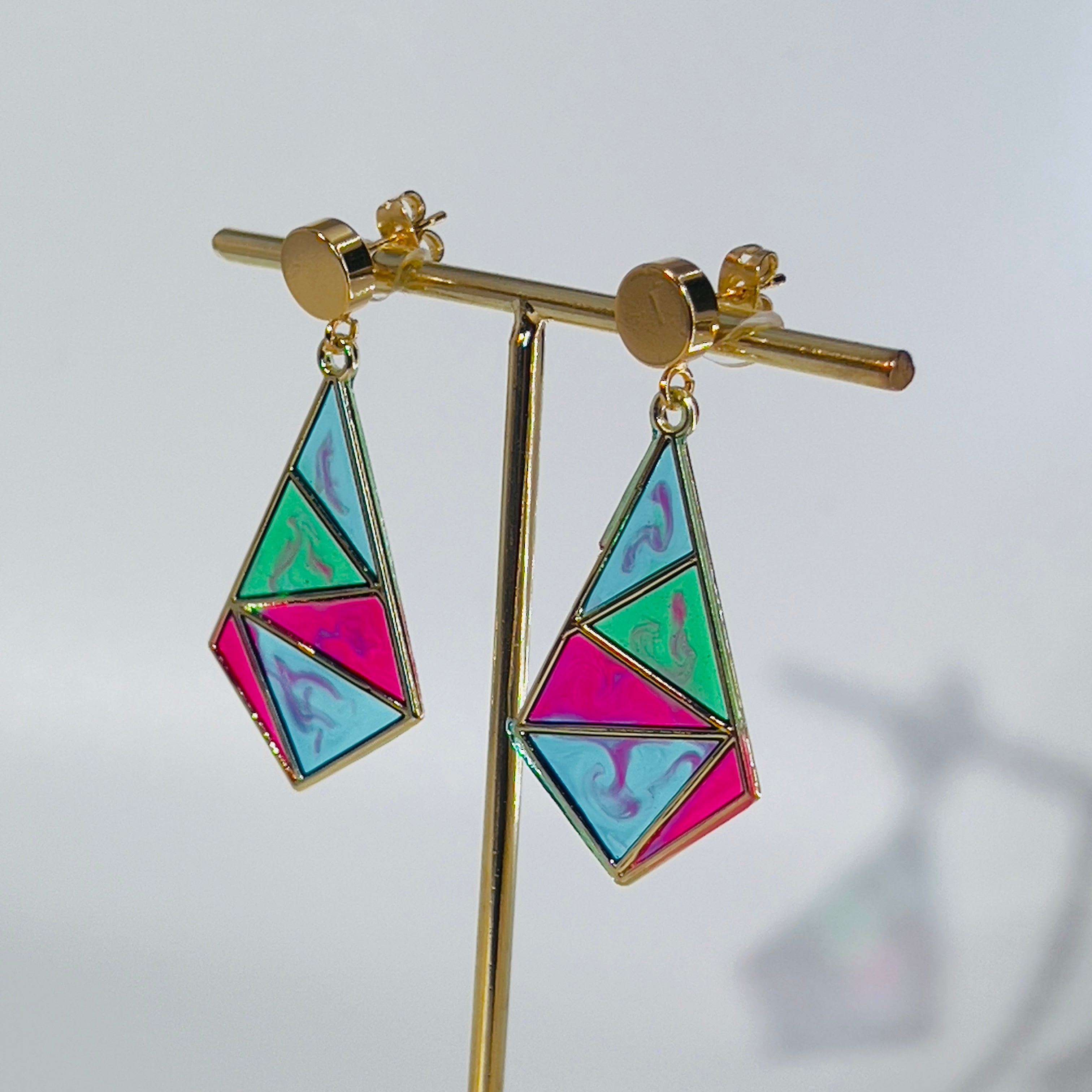 Resin Mosaic Dangle Earrings: Geometric Triangle, Gold Tone