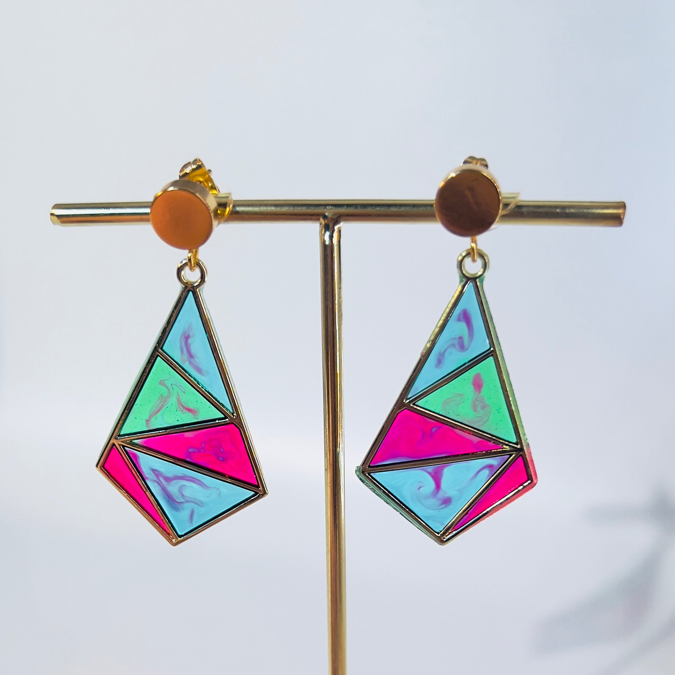 Resin Mosaic Dangle Earrings: Geometric Triangle, Gold Tone