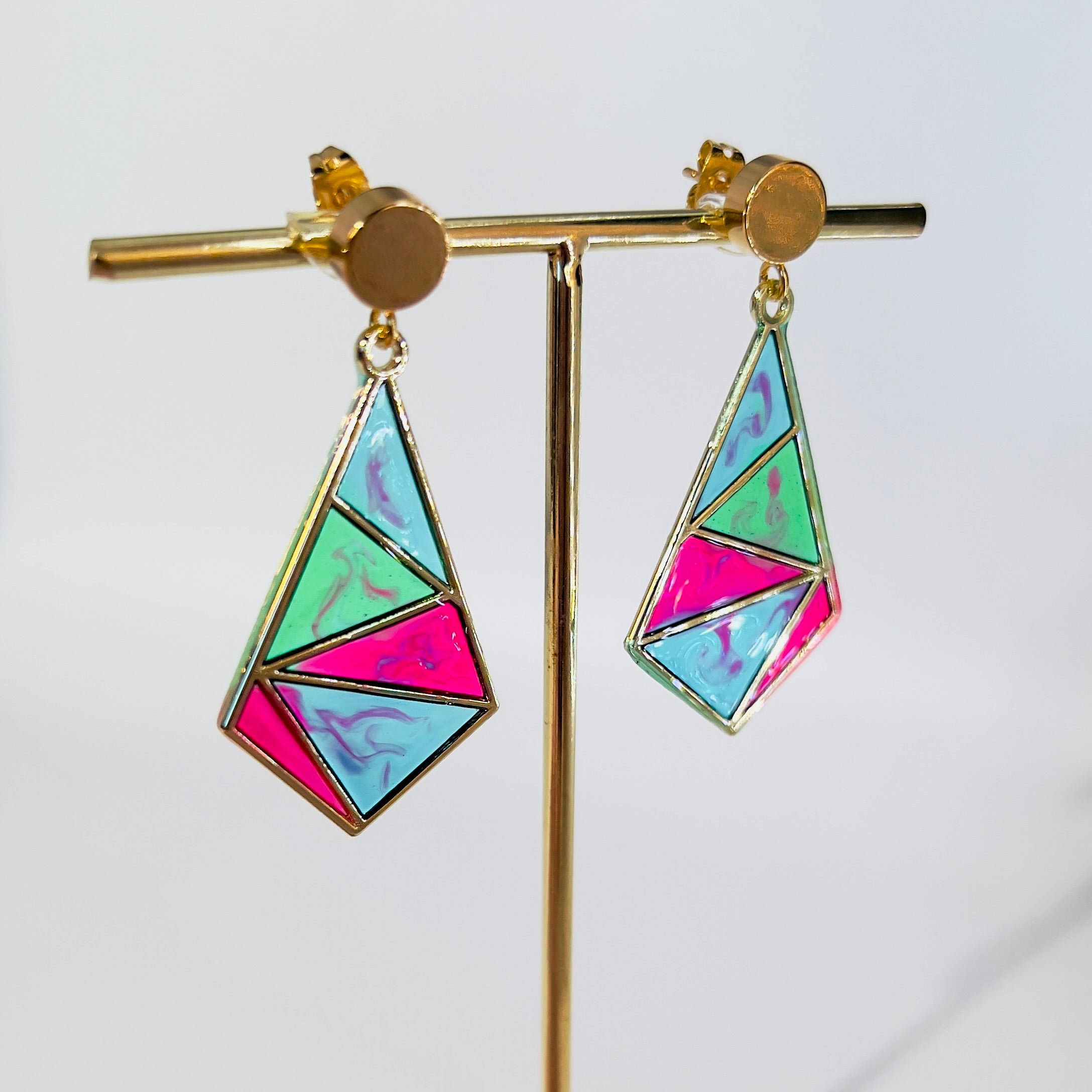 Resin Mosaic Dangle Earrings: Geometric Triangle, Gold Tone
