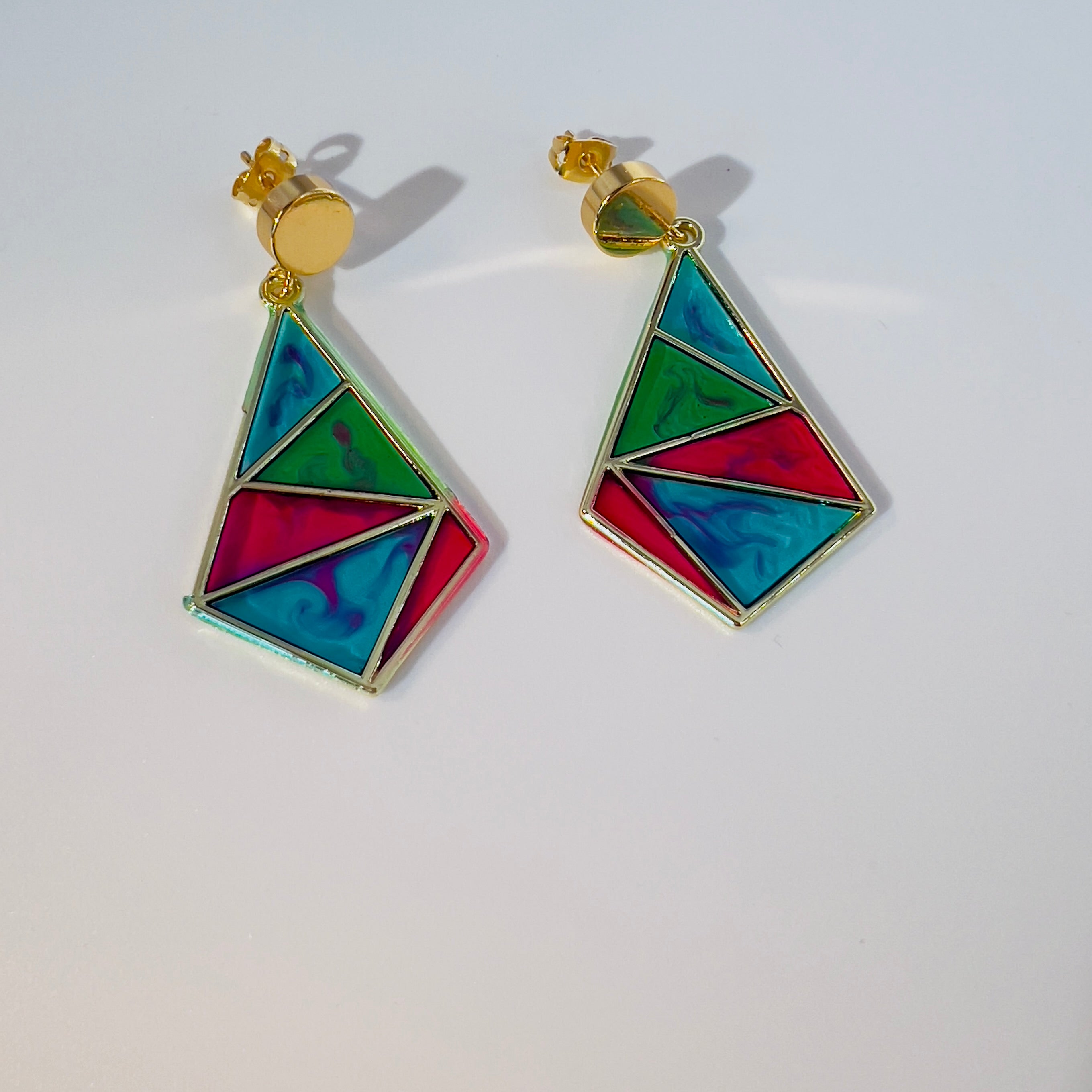 Resin Mosaic Dangle Earrings: Geometric Triangle, Gold Tone