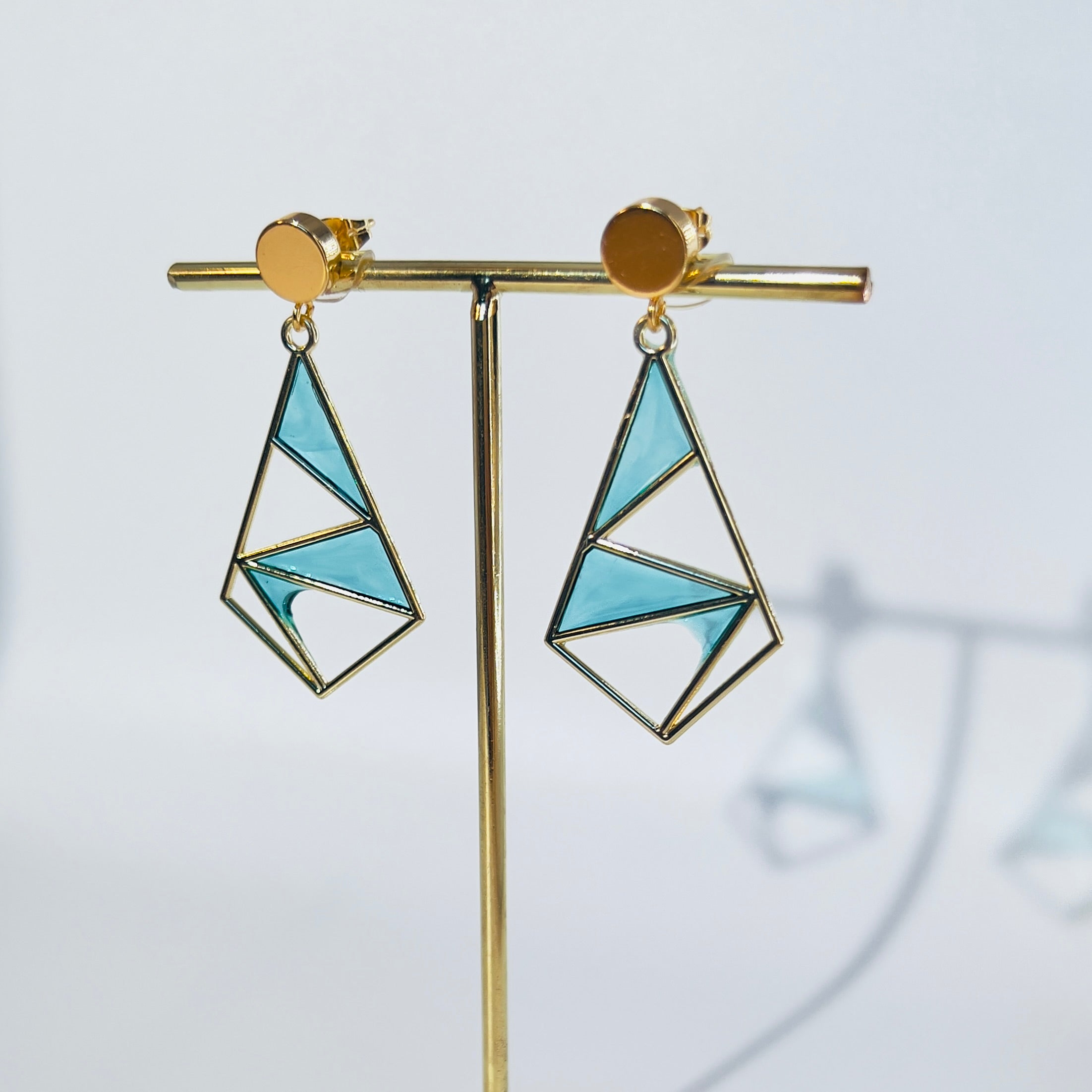 Turquoise Geometric Dangle Earrings: Gold Brass Mosaic Jewelry