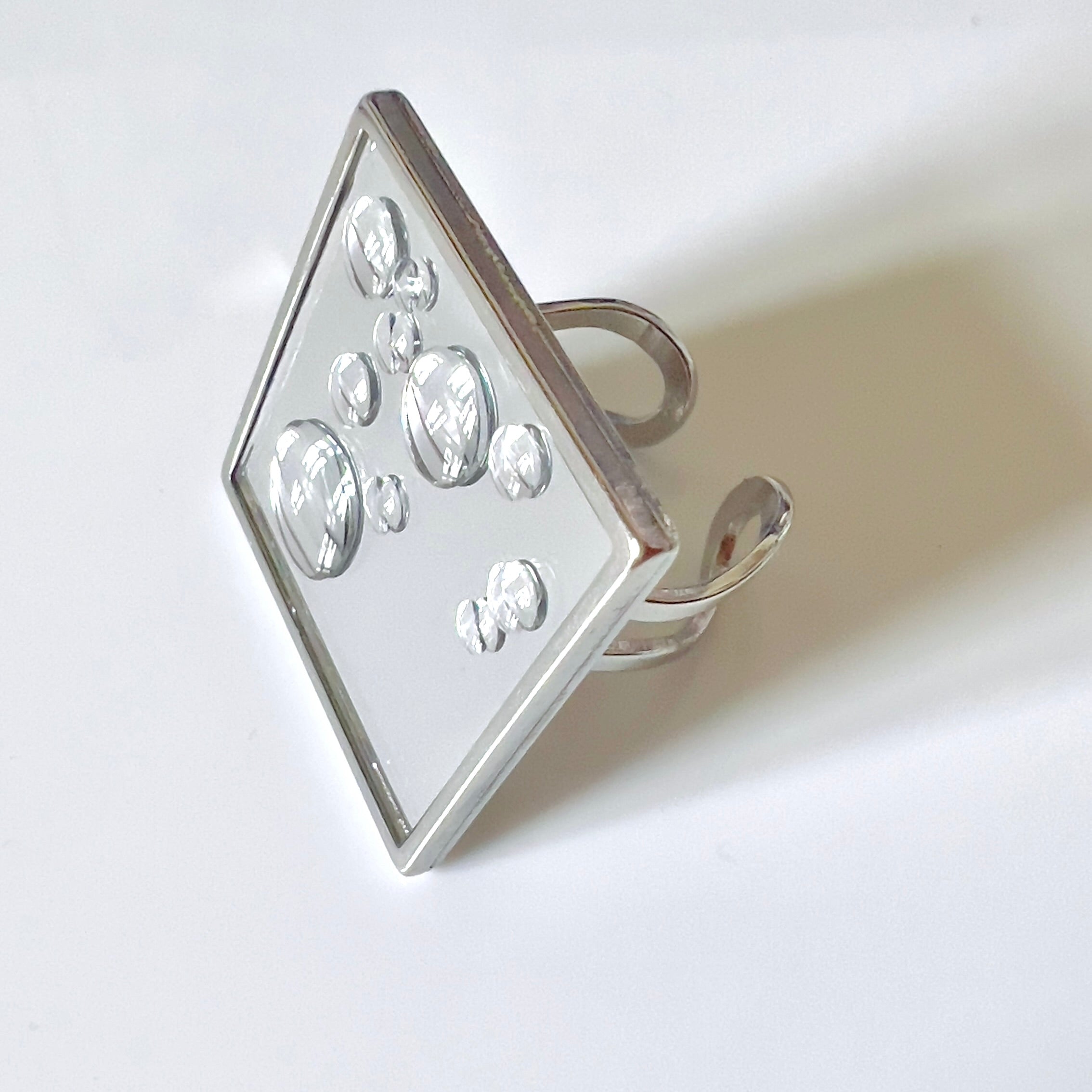 Mirror Square Ring with 3D Water Droplets: Modern Silver Tone Statement Ring: Wearable Art