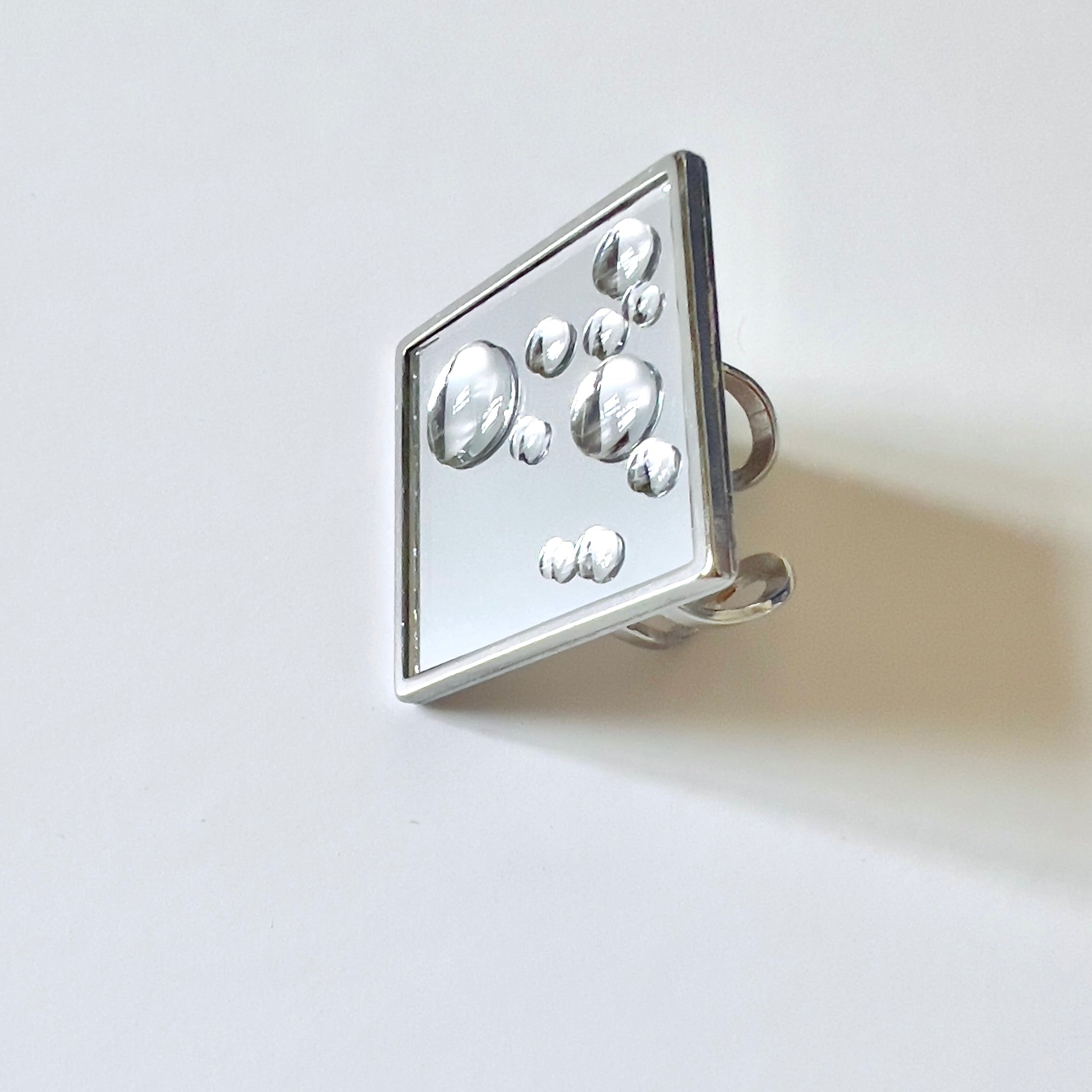 Mirror Square Ring with 3D Water Droplets: Modern Silver Tone Statement Ring: Wearable Art