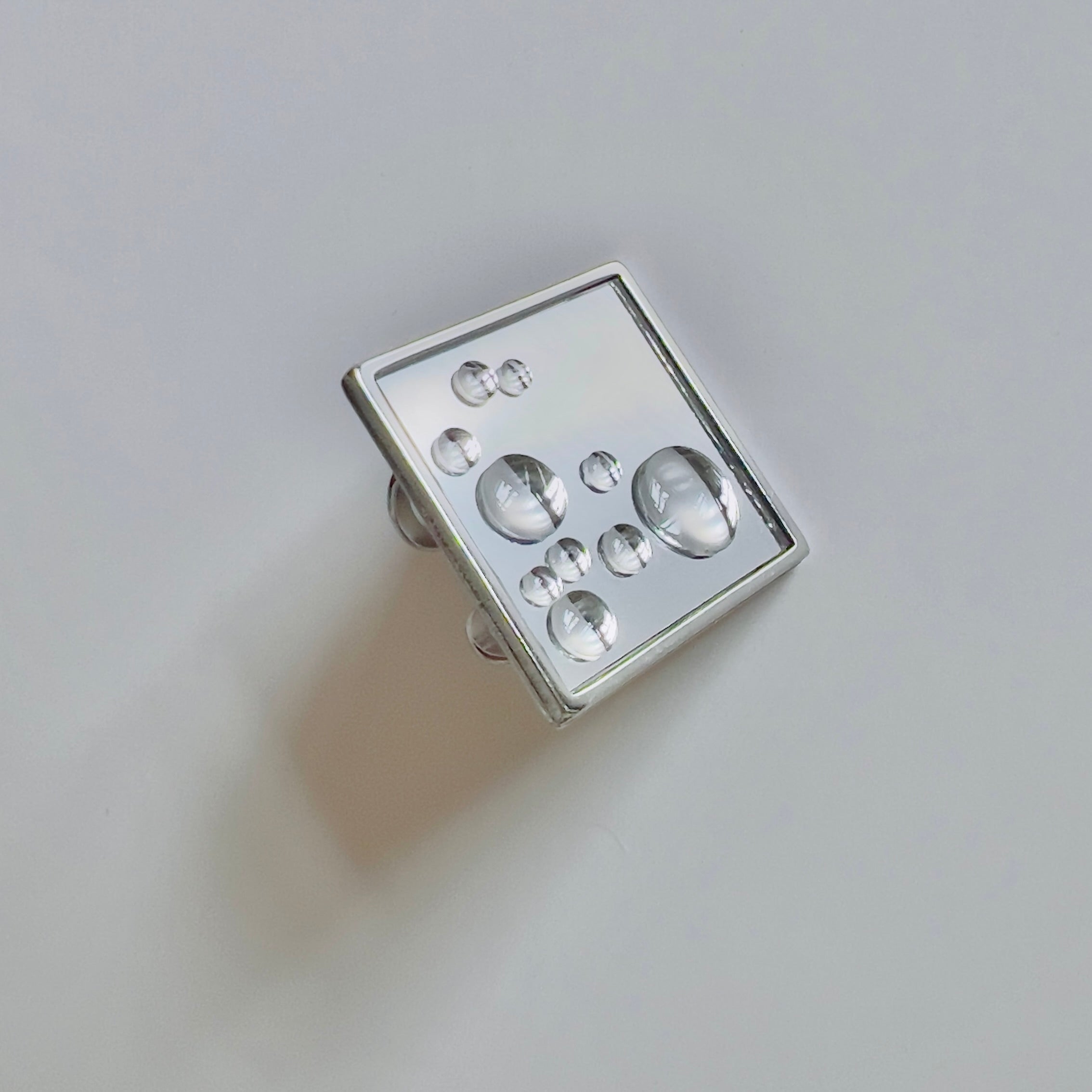 Mirror Square Ring with 3D Water Droplets: Modern Silver Tone Statement Ring: Wearable Art