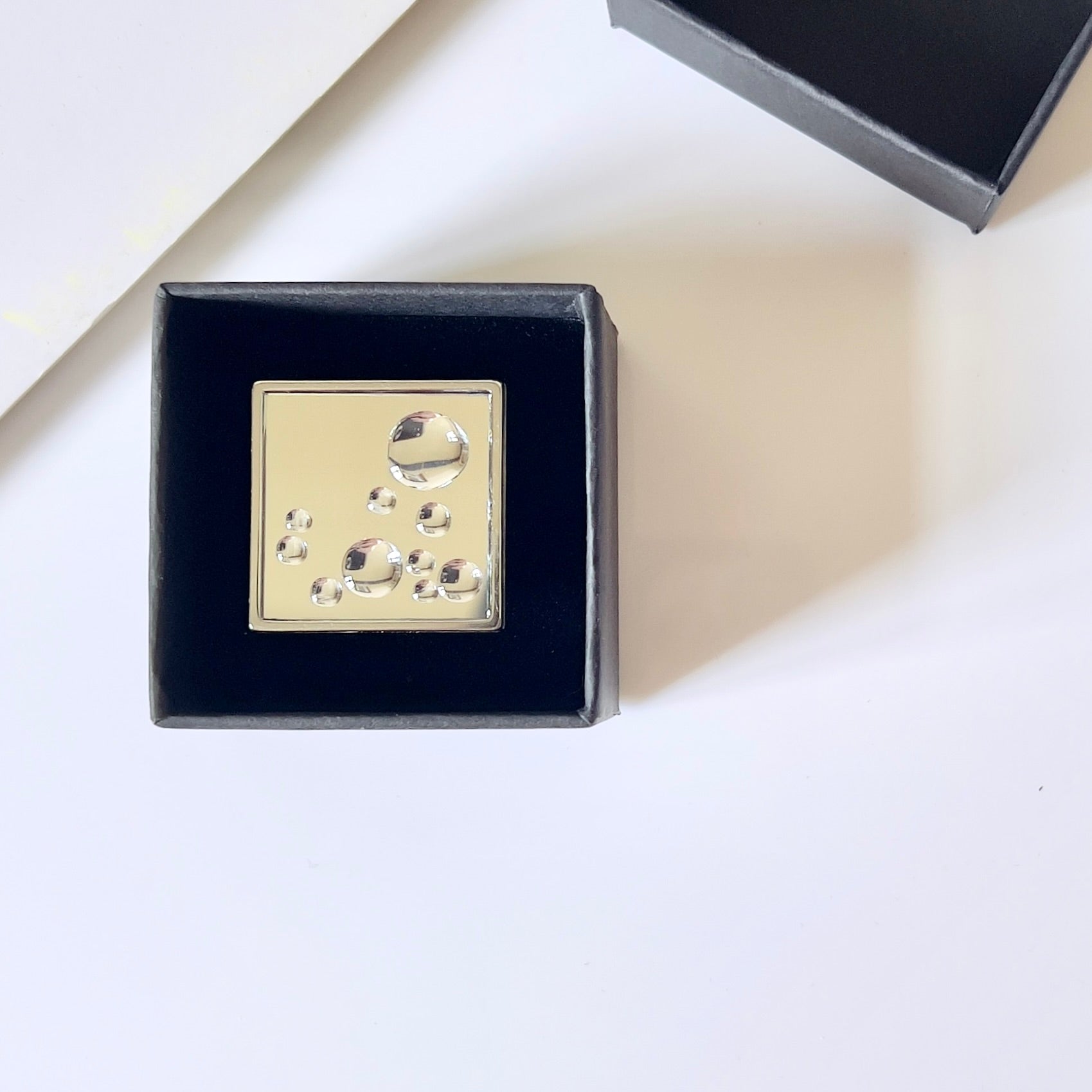 Mirror Square Ring with 3D Water Droplets: Modern Silver Tone Statement Ring: Wearable Art
