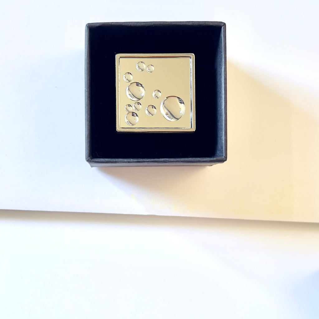 Mirror Square Ring with 3D Water Droplets: Modern Silver Tone Statement Ring: Wearable Art