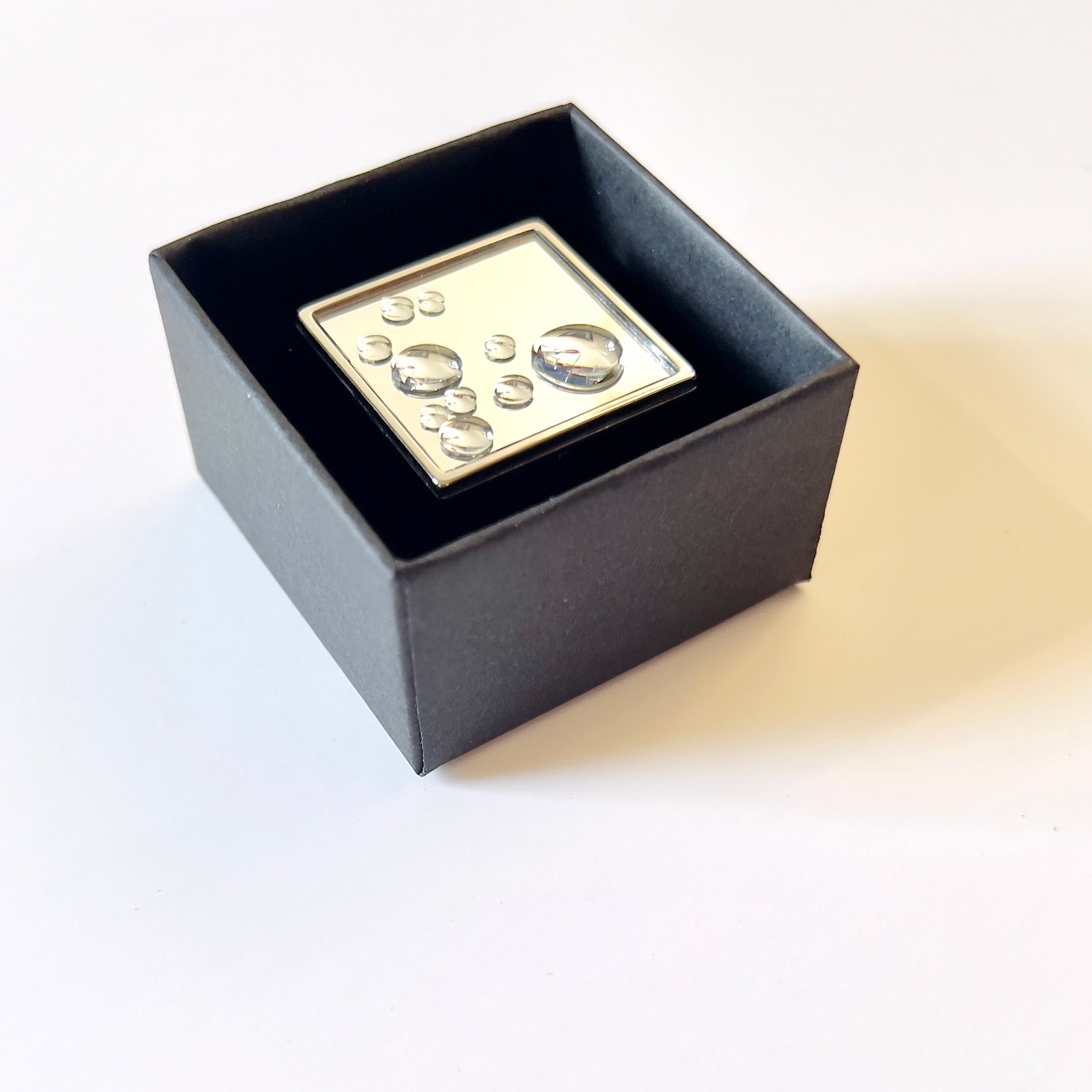 Mirror Square Ring with 3D Water Droplets: Modern Silver Tone Statement Ring: Wearable Art