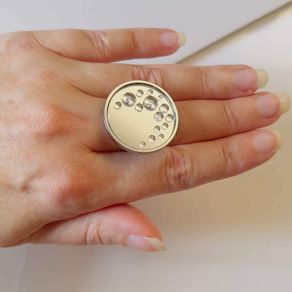 Mirror Water Drop Resin Statement Ring: Wearable Art, Silver Stainless Steel