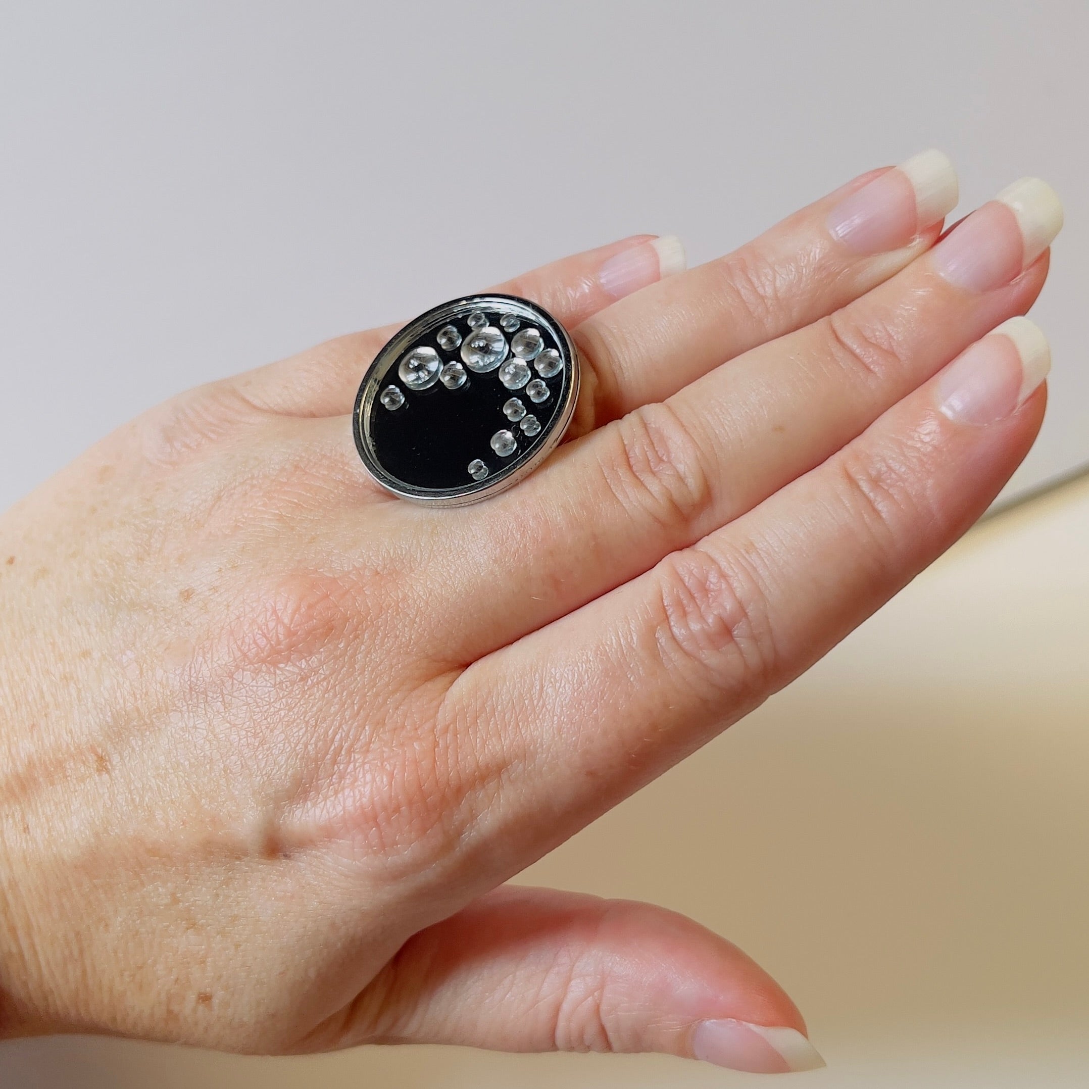 Mirror Water Drop Resin Statement Ring: Wearable Art, Silver Stainless Steel