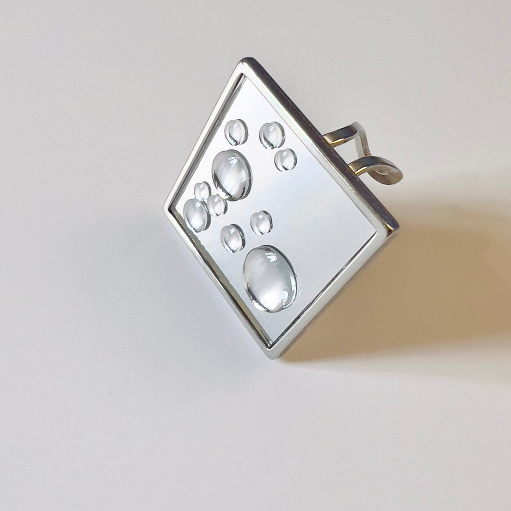 Mirror Square Ring with 3D Water Droplets: Modern Silver Tone Statement Ring: Wearable Art