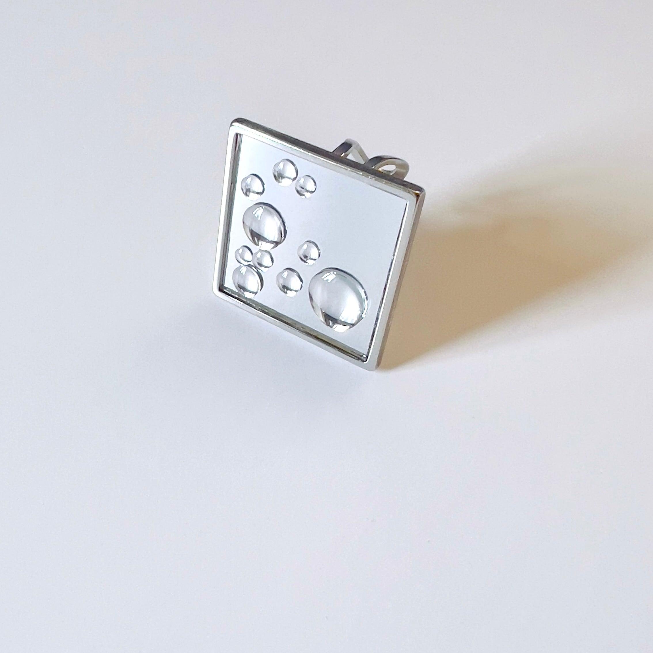 Mirror Square Ring with 3D Water Droplets: Modern Silver Tone Statement Ring: Wearable Art