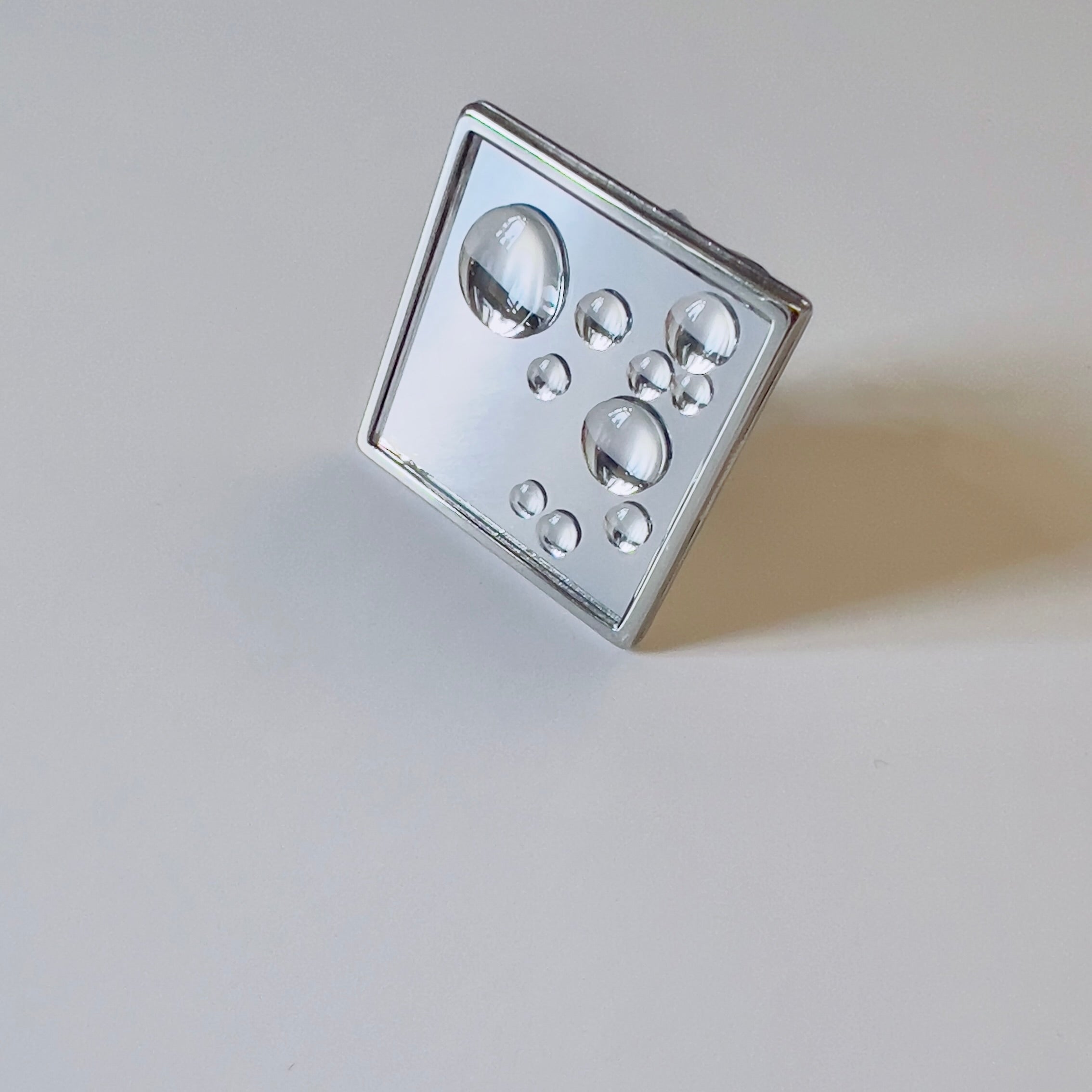Mirror Square Ring with 3D Water Droplets: Modern Silver Tone Statement Ring: Wearable Art