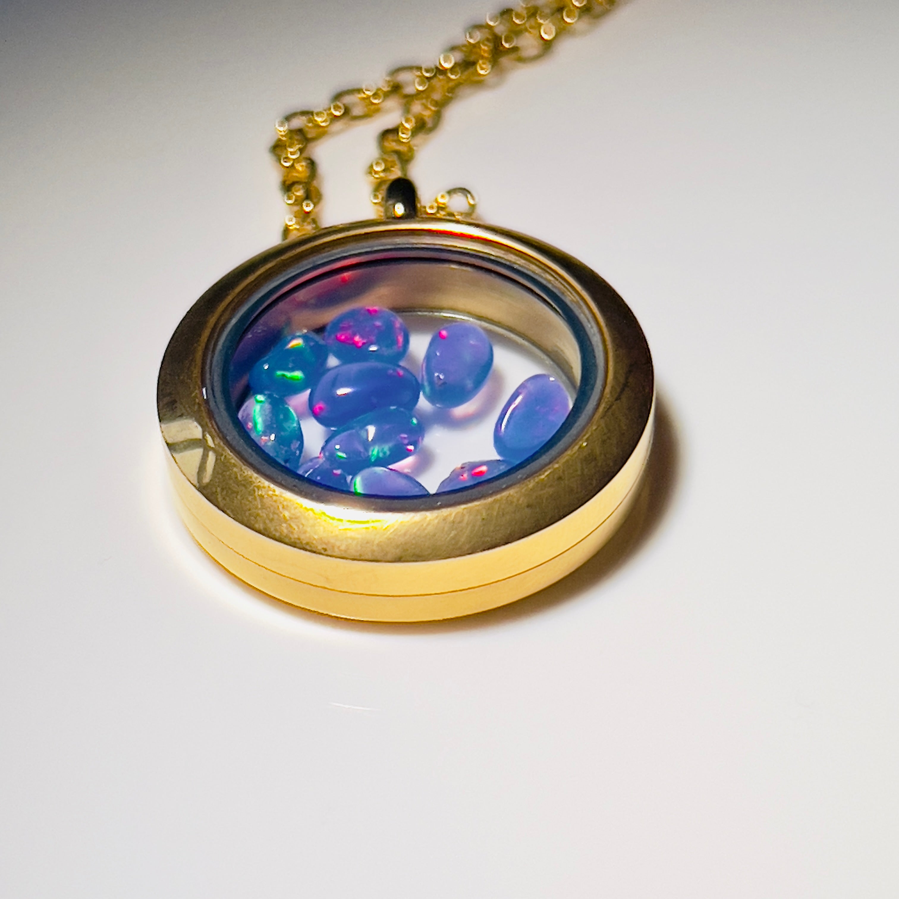 Gold Locket Glass Pendant Necklace Filled with Floating AAA Ethiopian Opals, October Birthstone Jewellery