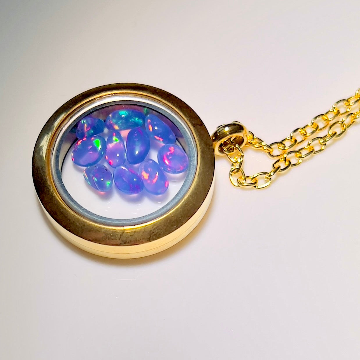 Gold Locket Glass Pendant Necklace Filled with Floating AAA Ethiopian Opals, October Birthstone Jewellery