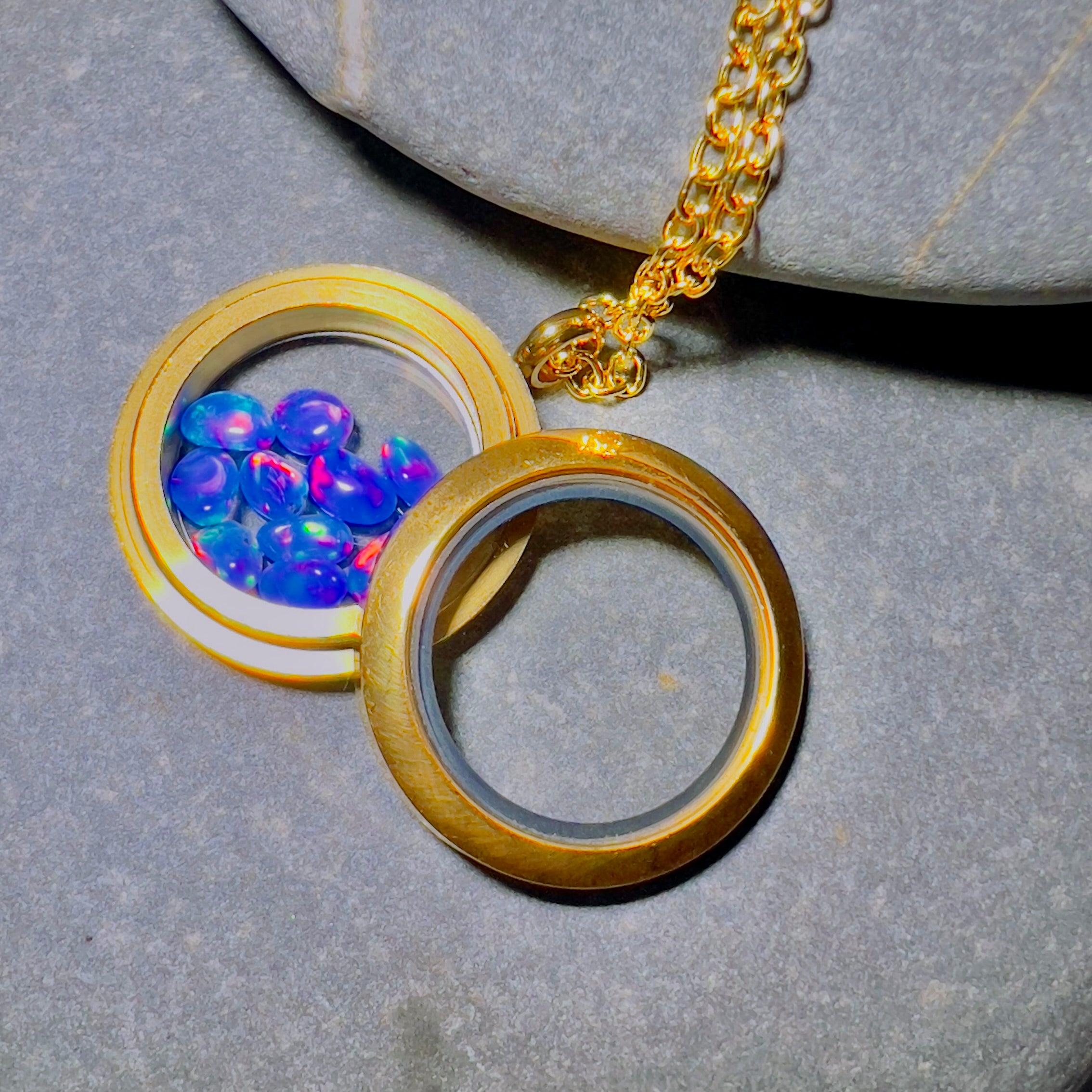 Gold Locket Glass Pendant Necklace Filled with Floating AAA Ethiopian Opals, October Birthstone Jewellery