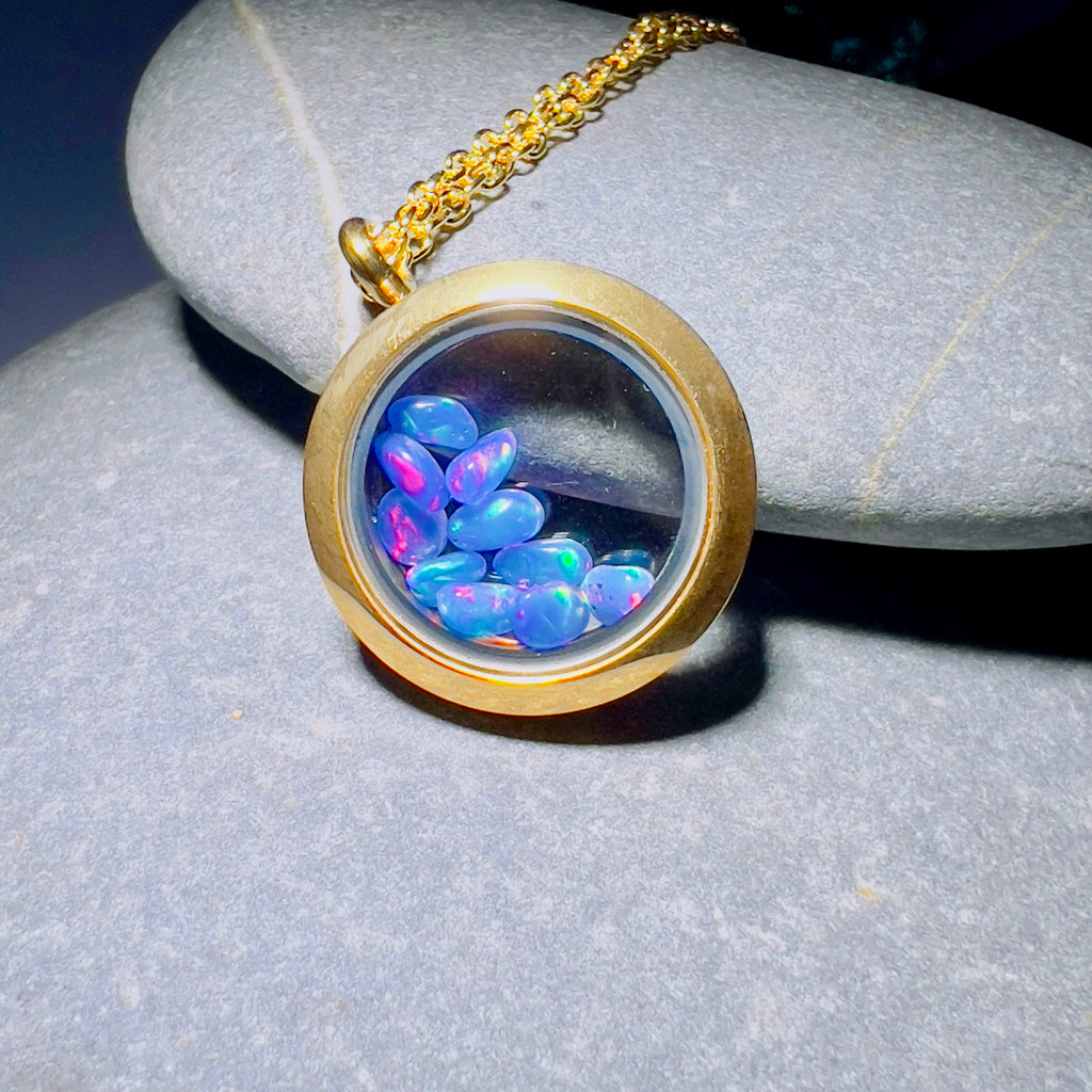 Gold Locket Glass Pendant Necklace Filled with Floating AAA Ethiopian Opals, October Birthstone Jewellery