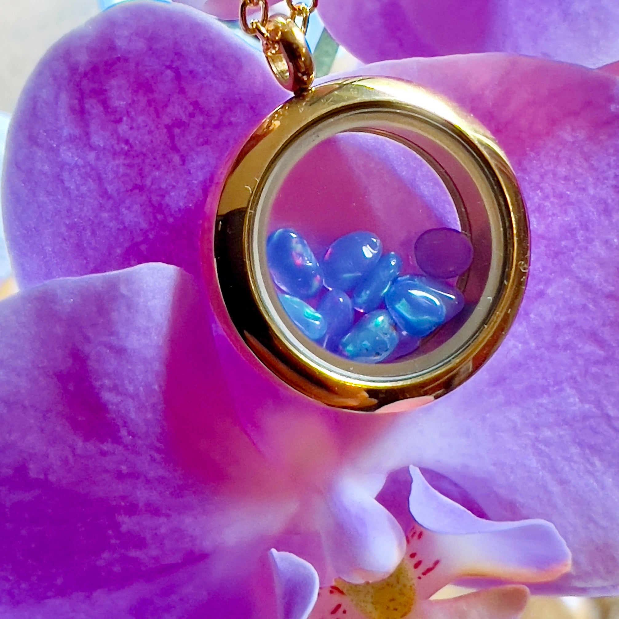 Gold Locket Glass Pendant Necklace Filled with Floating AAA Ethiopian Opals, October Birthstone Jewellery