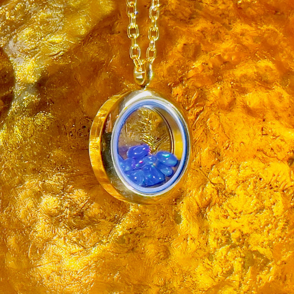 Gold Locket Glass Pendant Necklace Filled with Floating AAA Ethiopian Opals, October Birthstone Jewellery