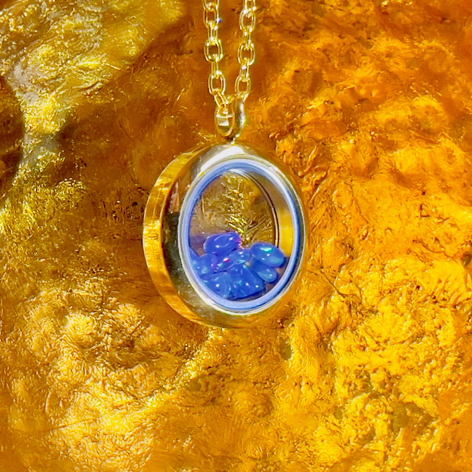 Gold Locket Glass Pendant Necklace Filled with Floating AAA Ethiopian Opals, October Birthstone Jewellery