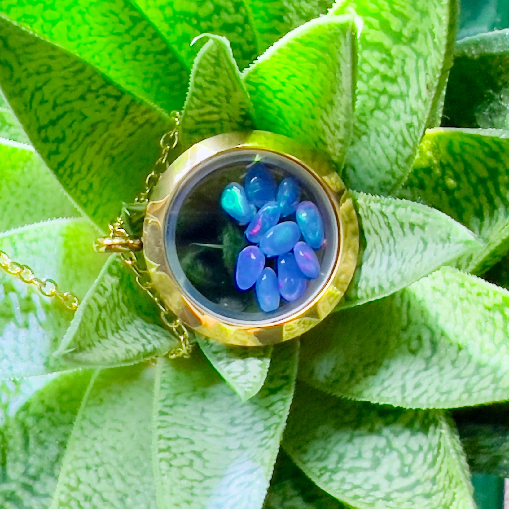 Gold Locket Glass Pendant Necklace Filled with Floating AAA Ethiopian Opals, October Birthstone Jewellery