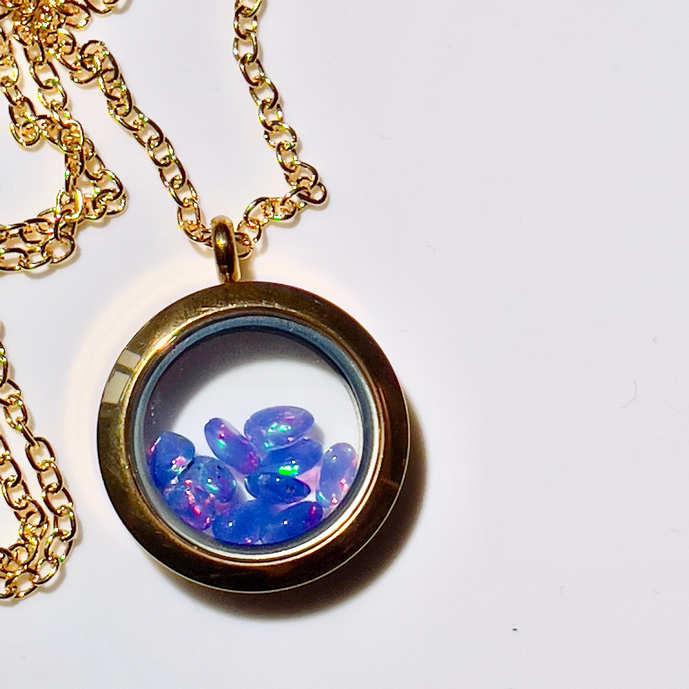 Gold Locket Glass Pendant Necklace Filled with Floating AAA Ethiopian Opals, October Birthstone Jewellery
