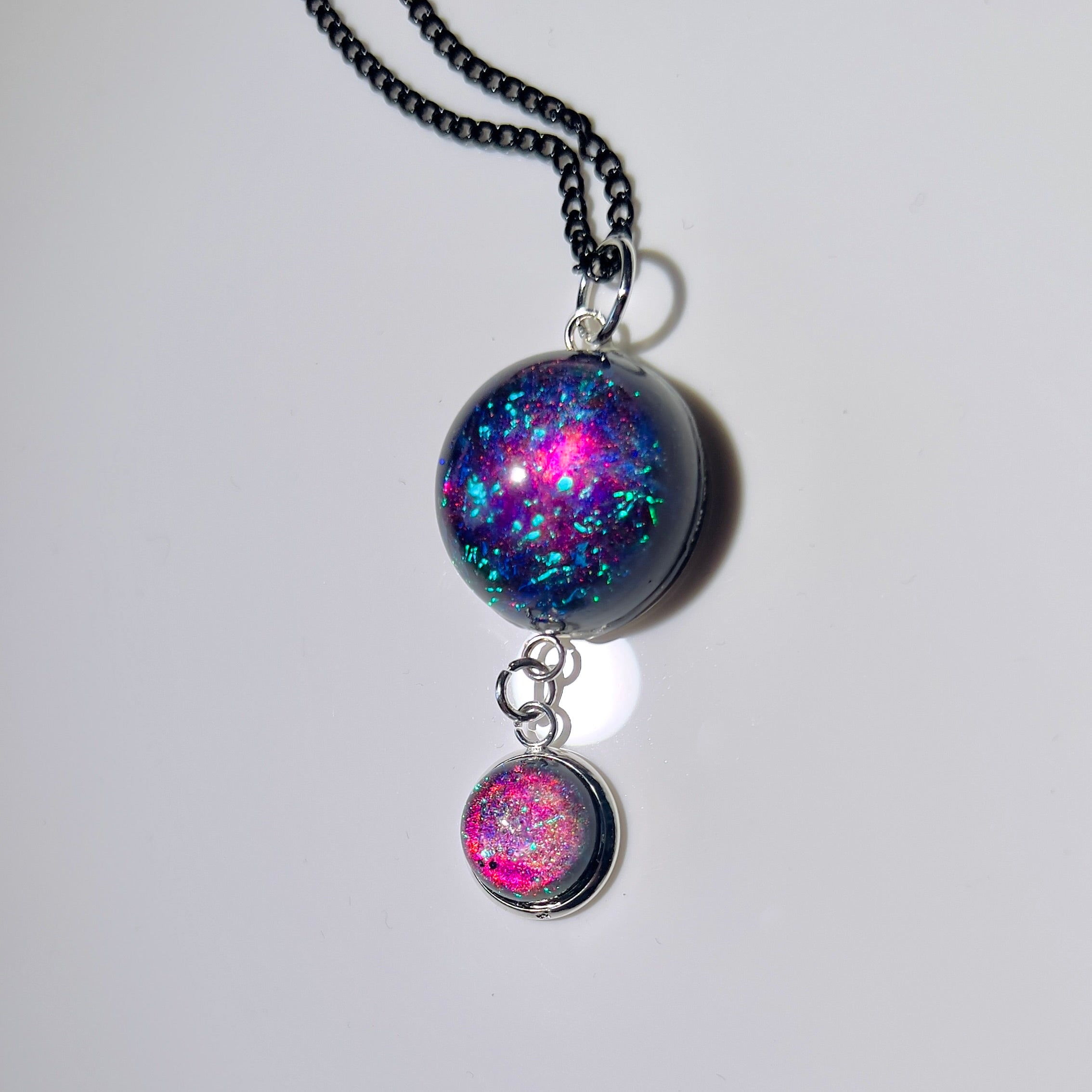 Galaxy Nebula Pendant Necklace, Resin Space Jewelery, Cosmic Handmade Resin Pendant, Double Sphere Statement Piece, Black Chain