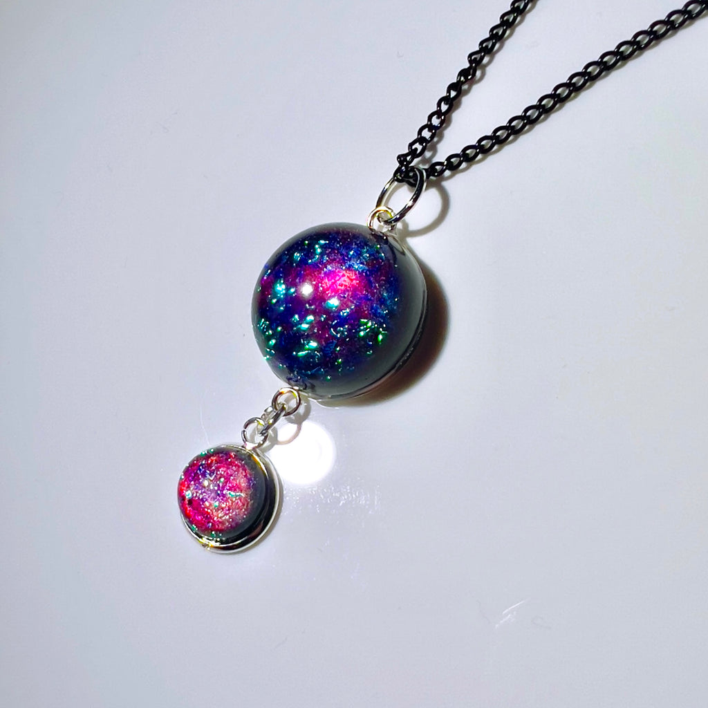 Galaxy Nebula Pendant Necklace, Resin Space Jewelery, Cosmic Handmade Resin Pendant, Double Sphere Statement Piece, Black Chain