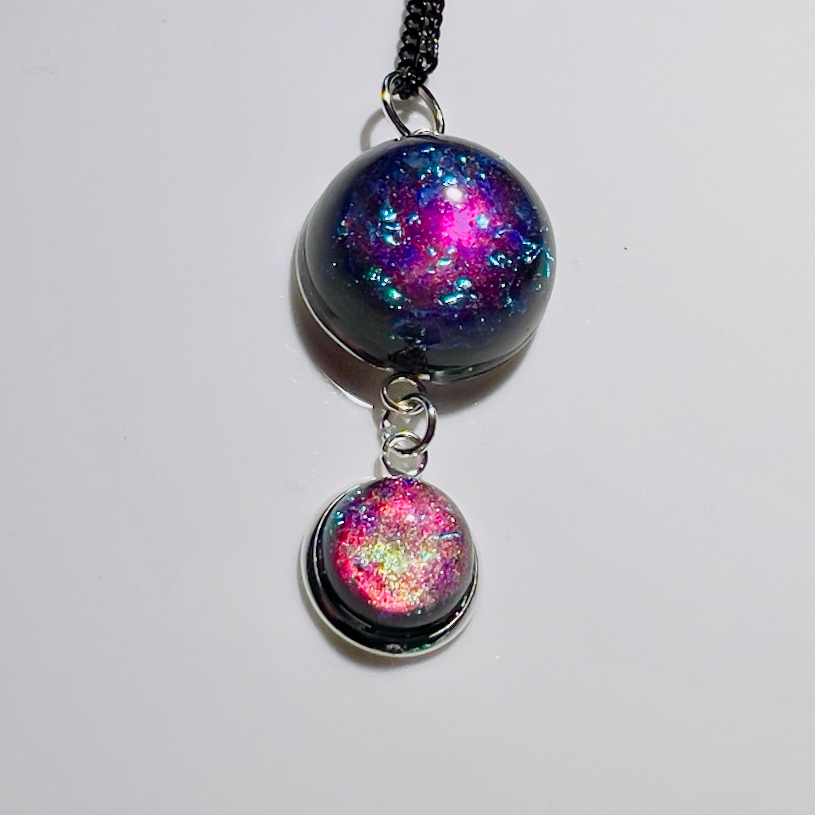 Galaxy Nebula Pendant Necklace, Resin Space Jewelery, Cosmic Handmade Resin Pendant, Double Sphere Statement Piece, Black Chain