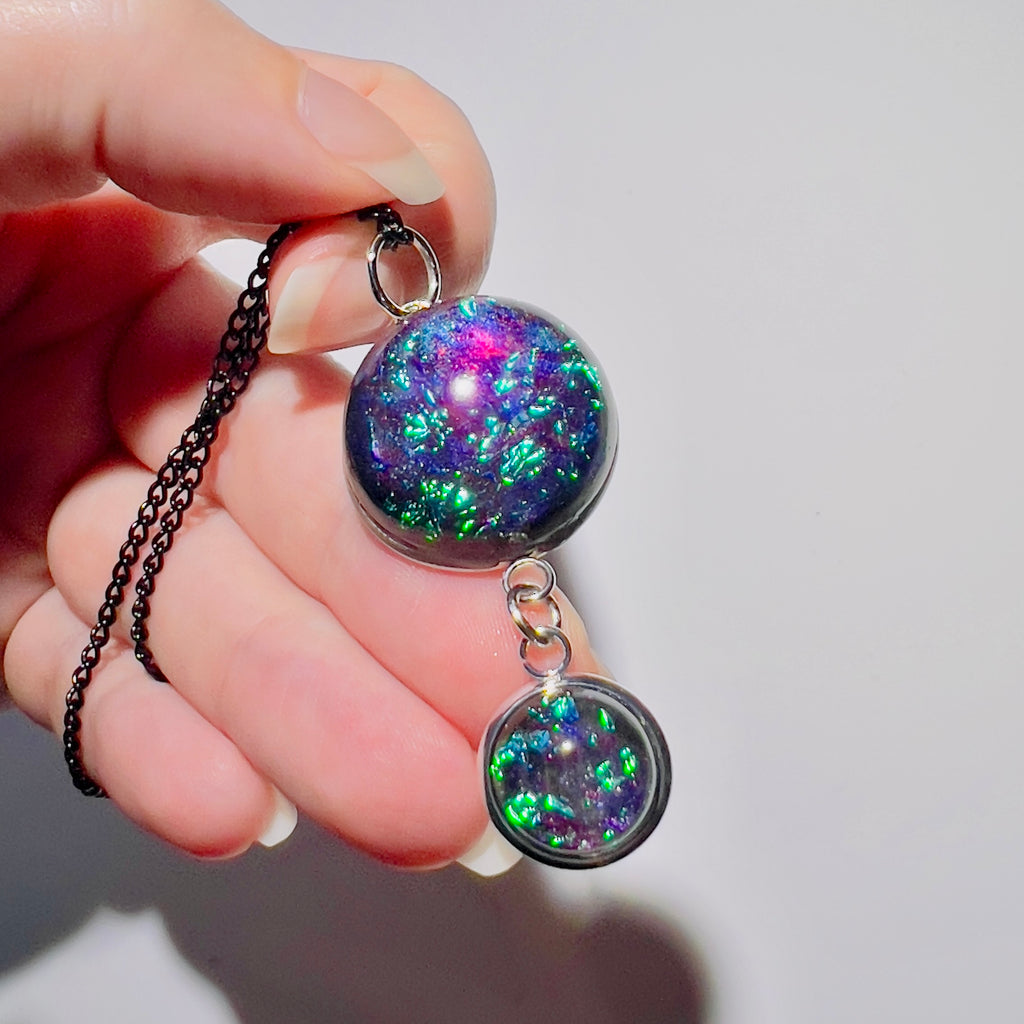 Galaxy Nebula Pendant Necklace, Resin Space Jewelery, Cosmic Handmade Resin Pendant, Double Sphere Statement Piece, Black Chain