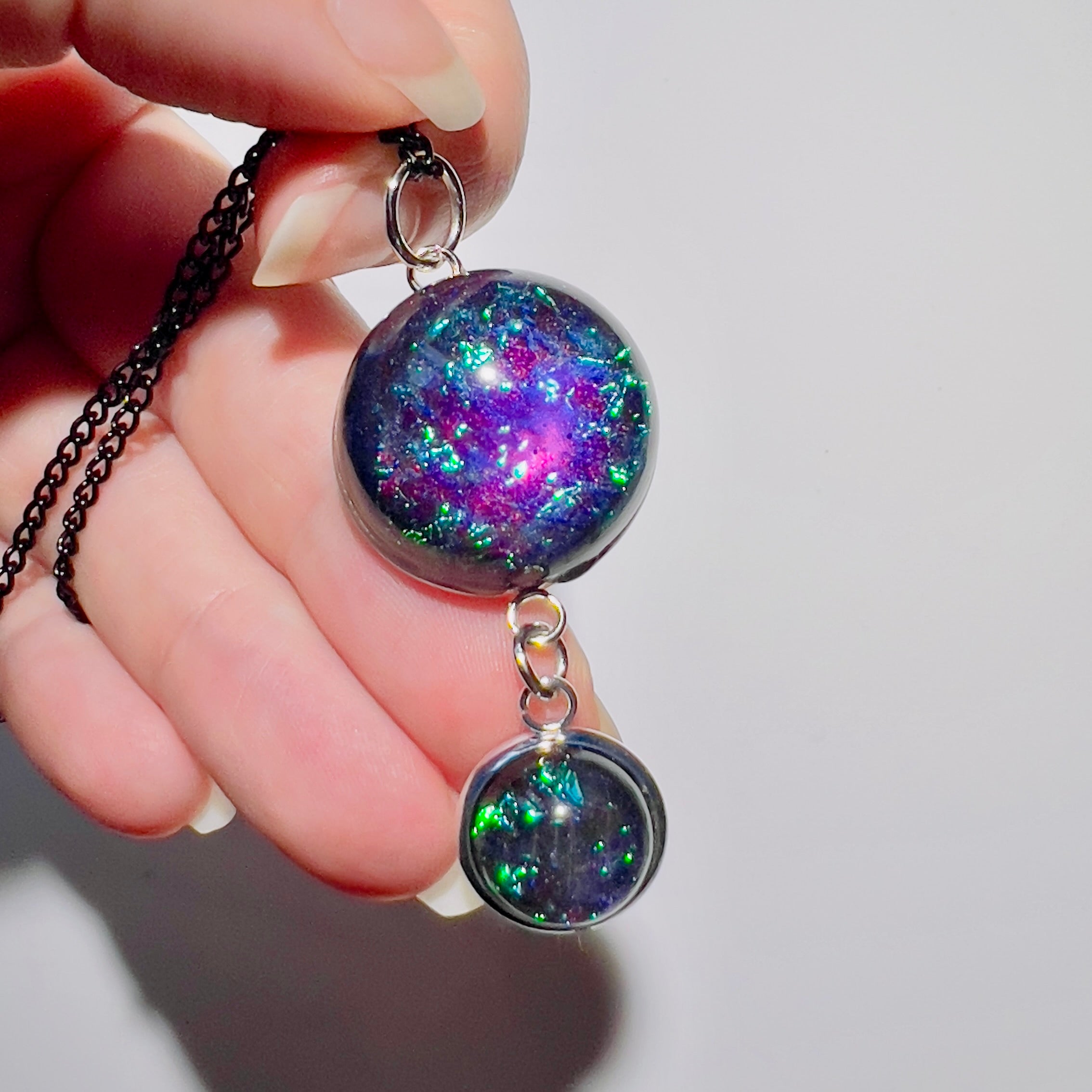 Galaxy Nebula Pendant Necklace, Resin Space Jewelery, Cosmic Handmade Resin Pendant, Double Sphere Statement Piece, Black Chain