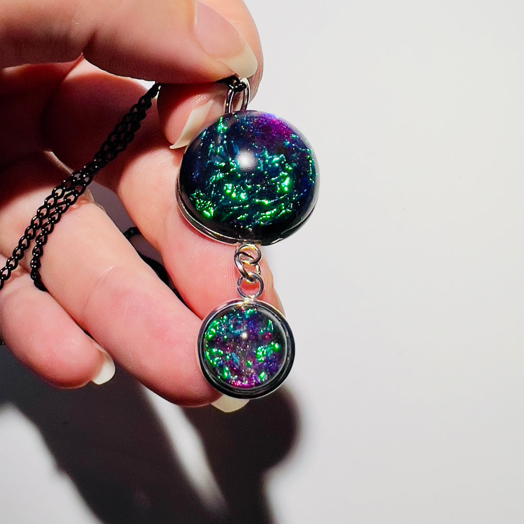 Galaxy Nebula Pendant Necklace, Resin Space Jewelery, Cosmic Handmade Resin Pendant, Double Sphere Statement Piece, Black Chain