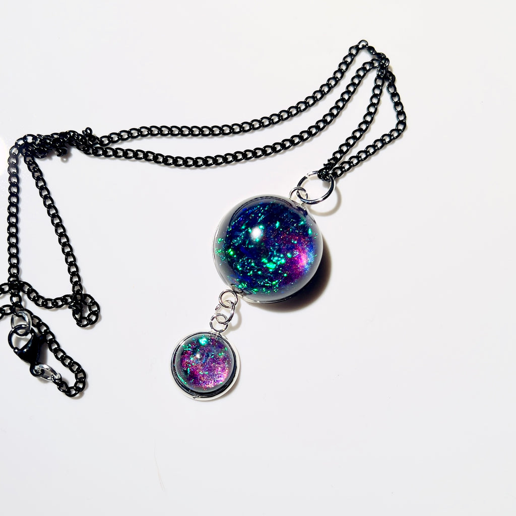 Galaxy Nebula Pendant Necklace, Resin Space Jewelery, Cosmic Handmade Resin Pendant, Double Sphere Statement Piece, Black Chain