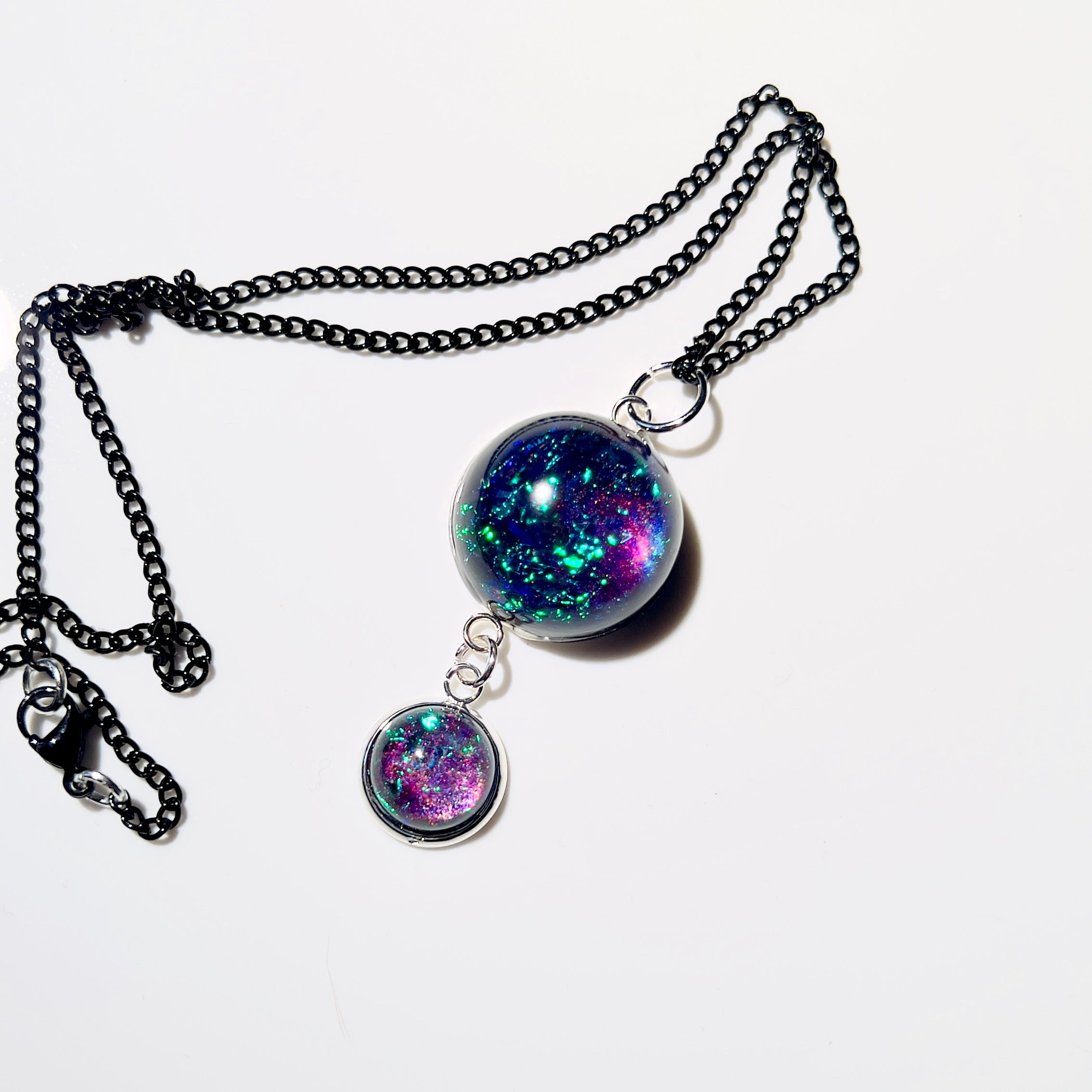 Galaxy Nebula Pendant Necklace, Resin Space Jewelery, Cosmic Handmade Resin Pendant, Double Sphere Statement Piece, Black Chain
