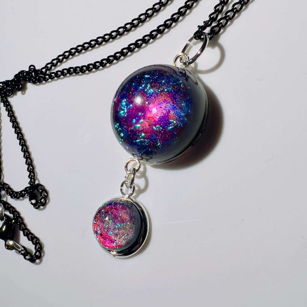 Galaxy Nebula Pendant Necklace, Resin Space Jewelery, Cosmic Handmade Resin Pendant, Double Sphere Statement Piece, Black Chain