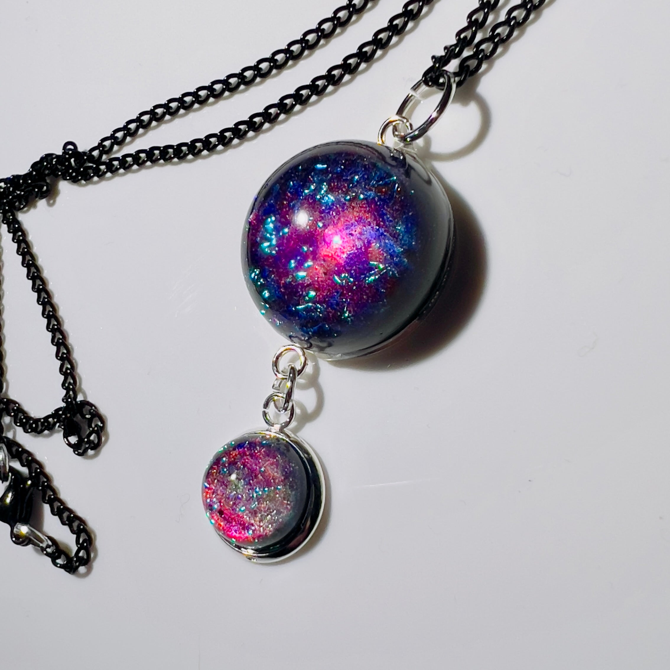 Galaxy Nebula Pendant Necklace, Resin Space Jewelery, Cosmic Handmade Resin Pendant, Double Sphere Statement Piece, Black Chain