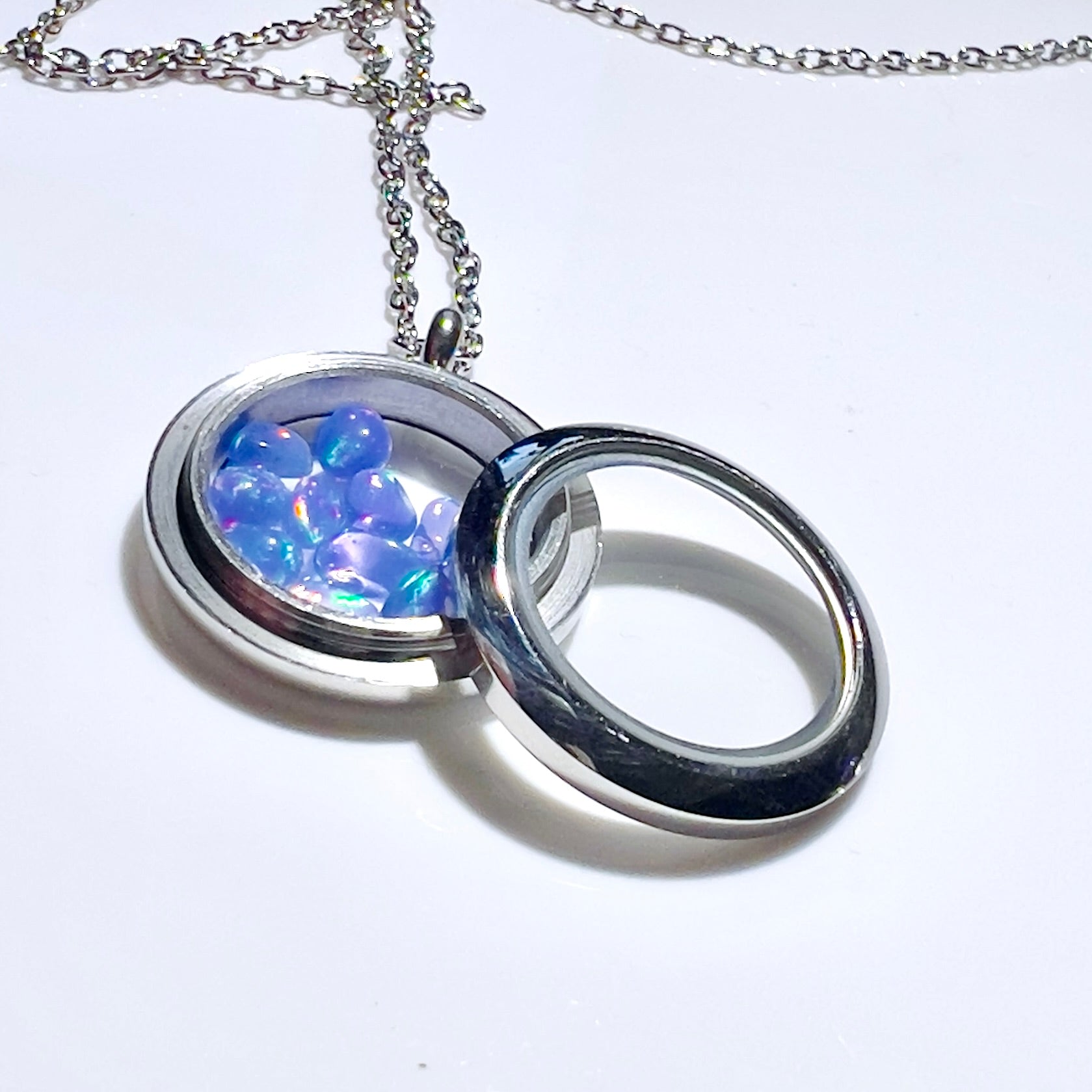 Silver Locket Glass Pendant Necklace Filled with Floating AAA Ethiopian Opals, October Birthstone Jewellery