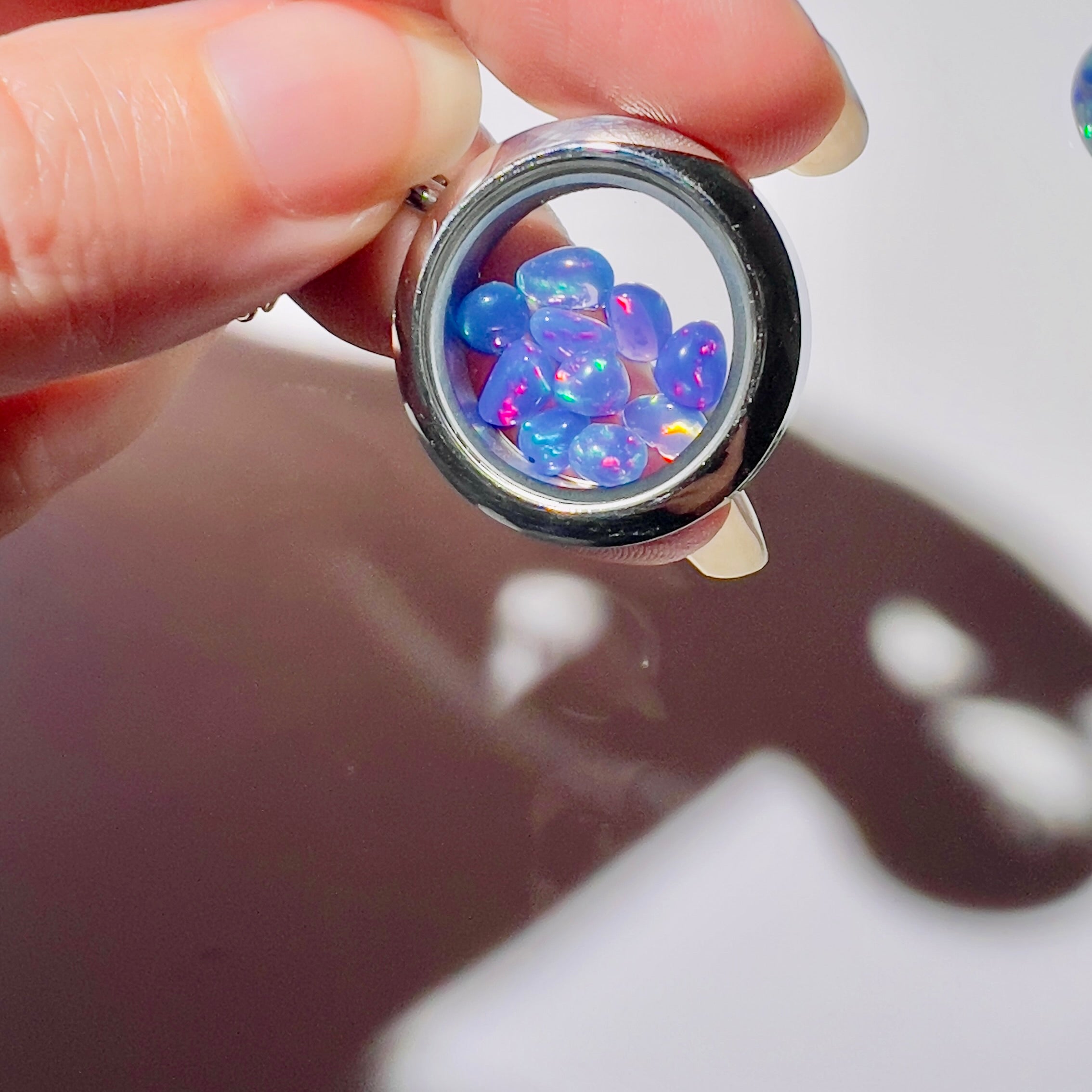 Silver Locket Glass Pendant Necklace Filled with Floating AAA Ethiopian Opals, October Birthstone Jewellery