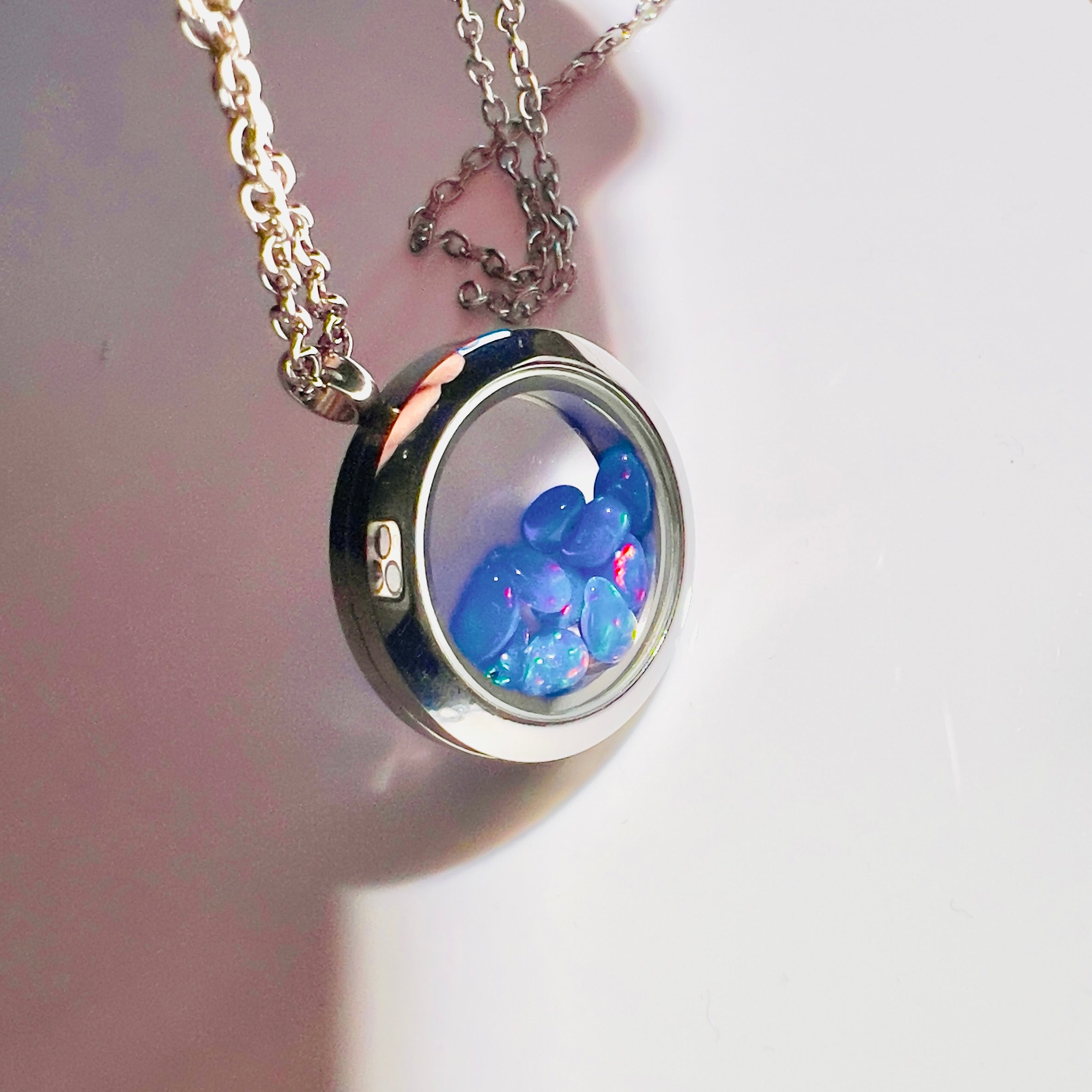 Silver Locket Glass Pendant Necklace Filled with Floating AAA Ethiopian Opals, October Birthstone Jewellery
