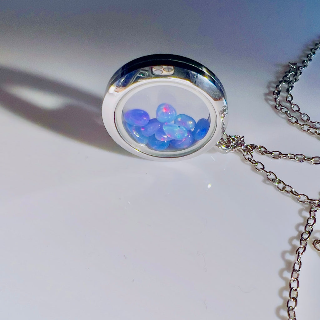 Silver Locket Glass Pendant Necklace Filled with Floating AAA Ethiopian Opals, October Birthstone Jewellery